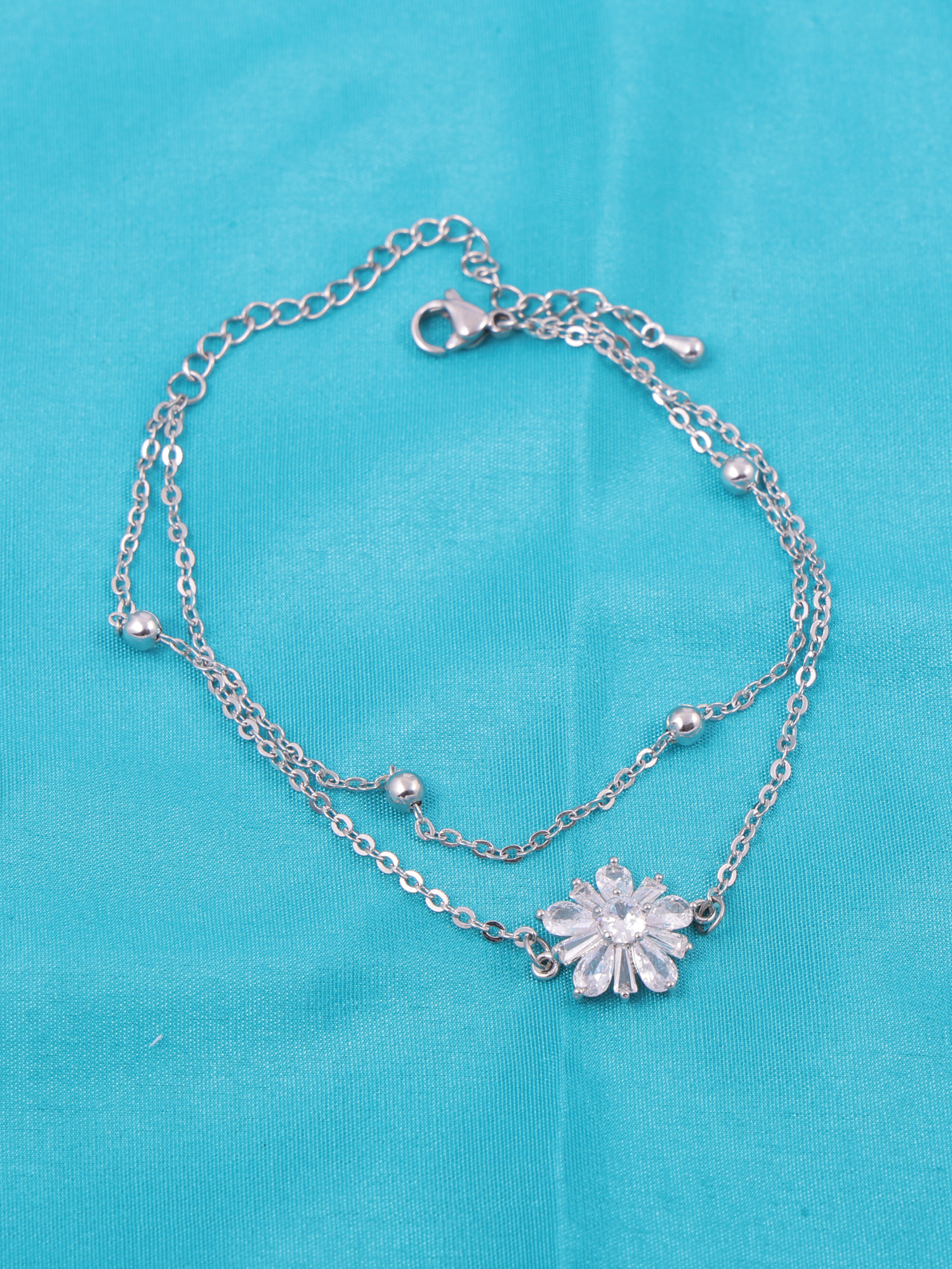Elegant Crystal Bloom Anti-Tarnish Bracelet with Dual Chain Design