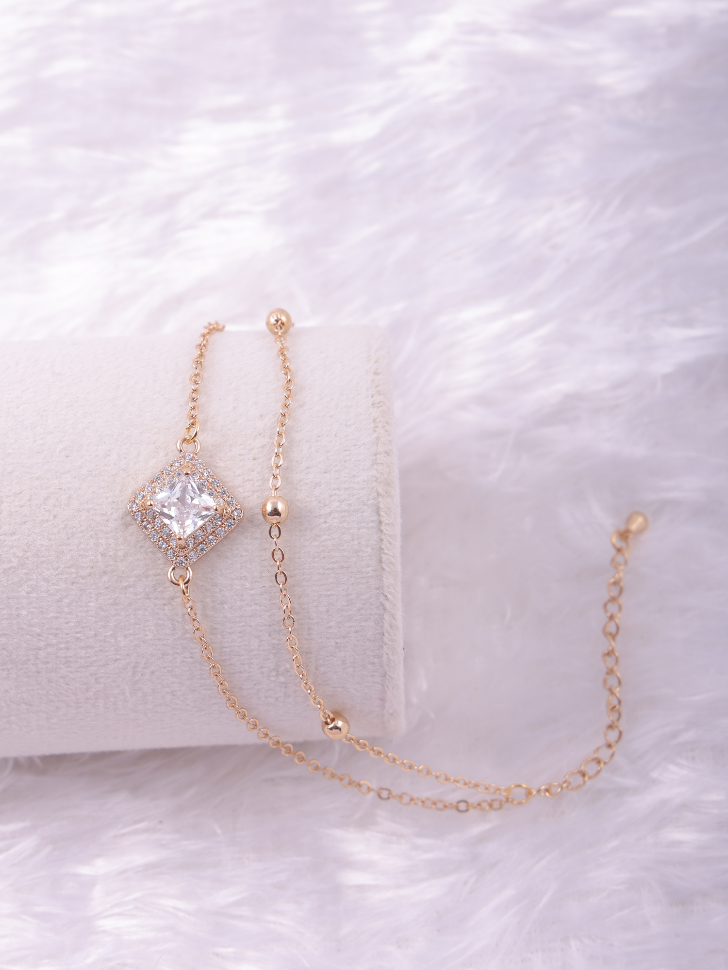 Radiant Square Crystal Anti-Tarnish Bracelet with Dual Chain Elegance