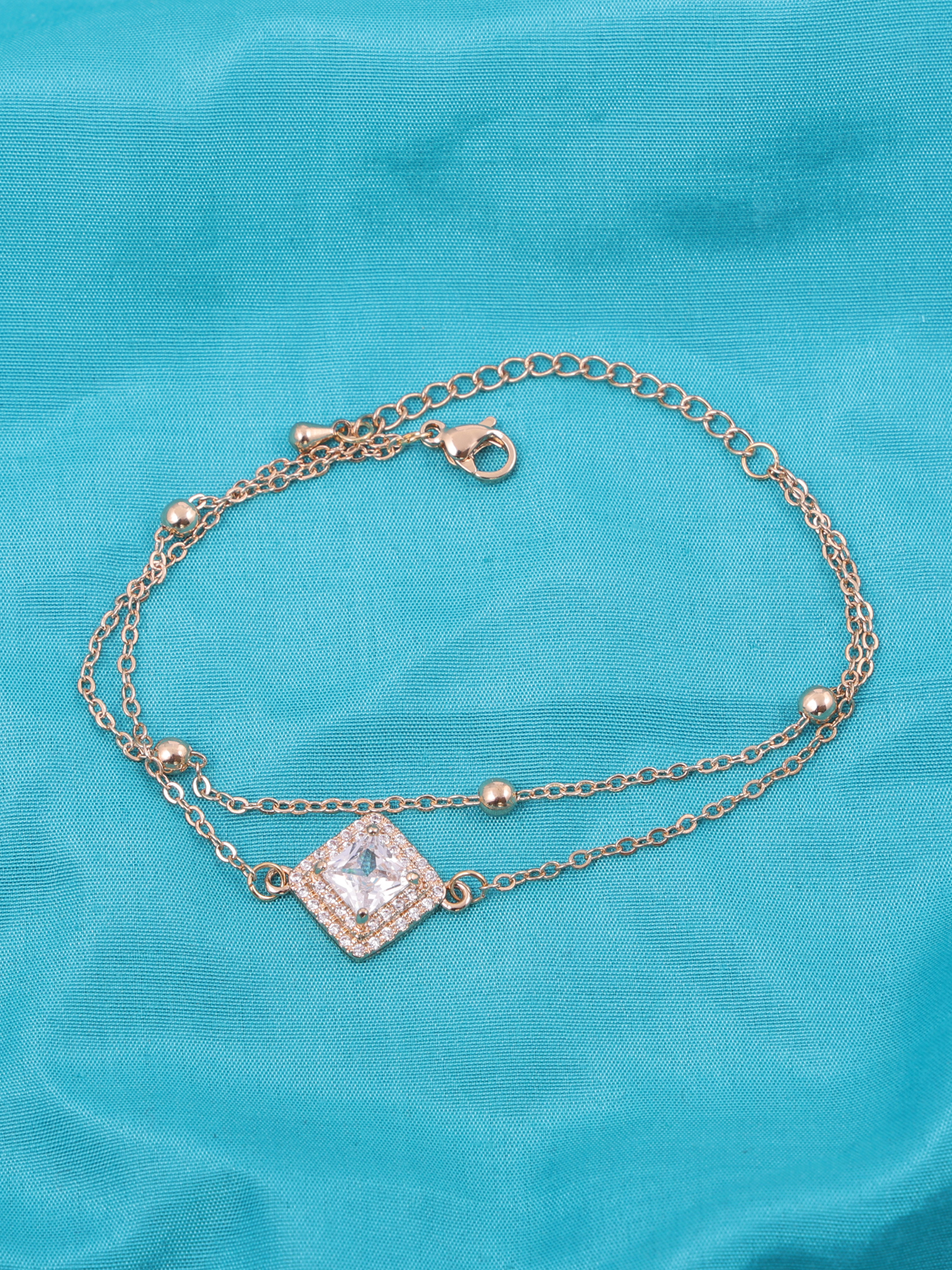 Radiant Square Crystal Anti-Tarnish Bracelet with Dual Chain Elegance