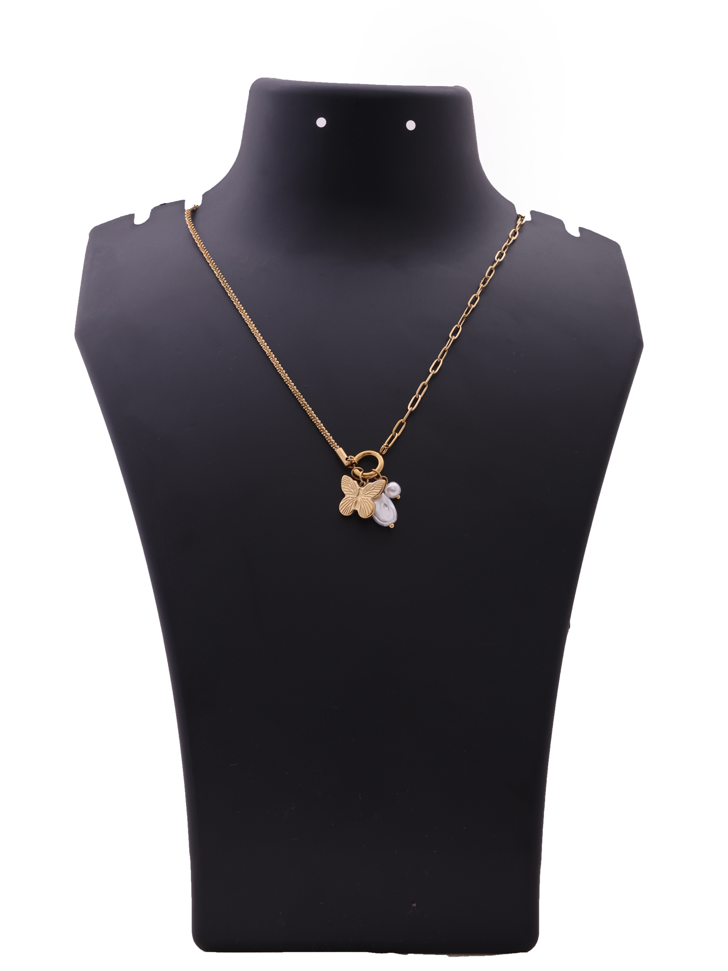 Golden Butterfly Charm Anti-Tarnish Necklace with Pearl Accent