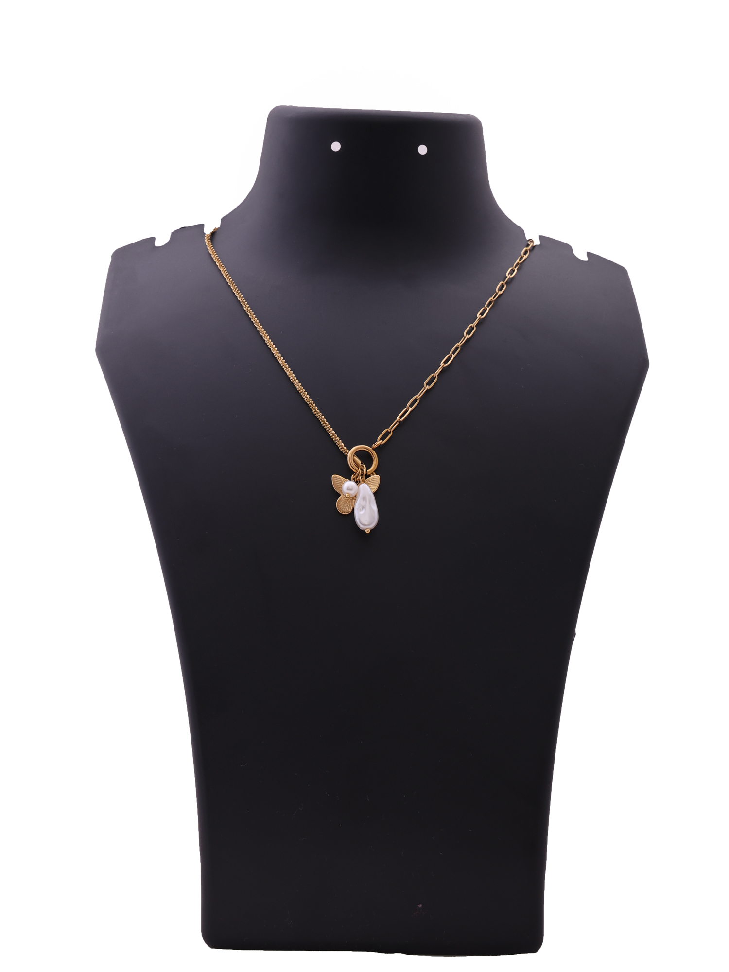 Golden Butterfly Charm Anti-Tarnish Necklace with Pearl Accent