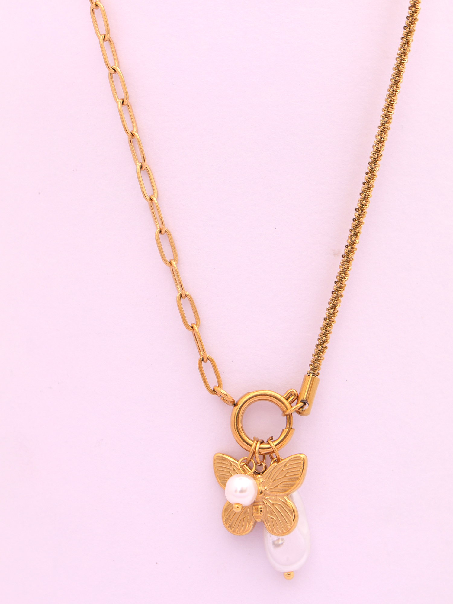 Golden Butterfly Charm Anti-Tarnish Necklace with Pearl Accent