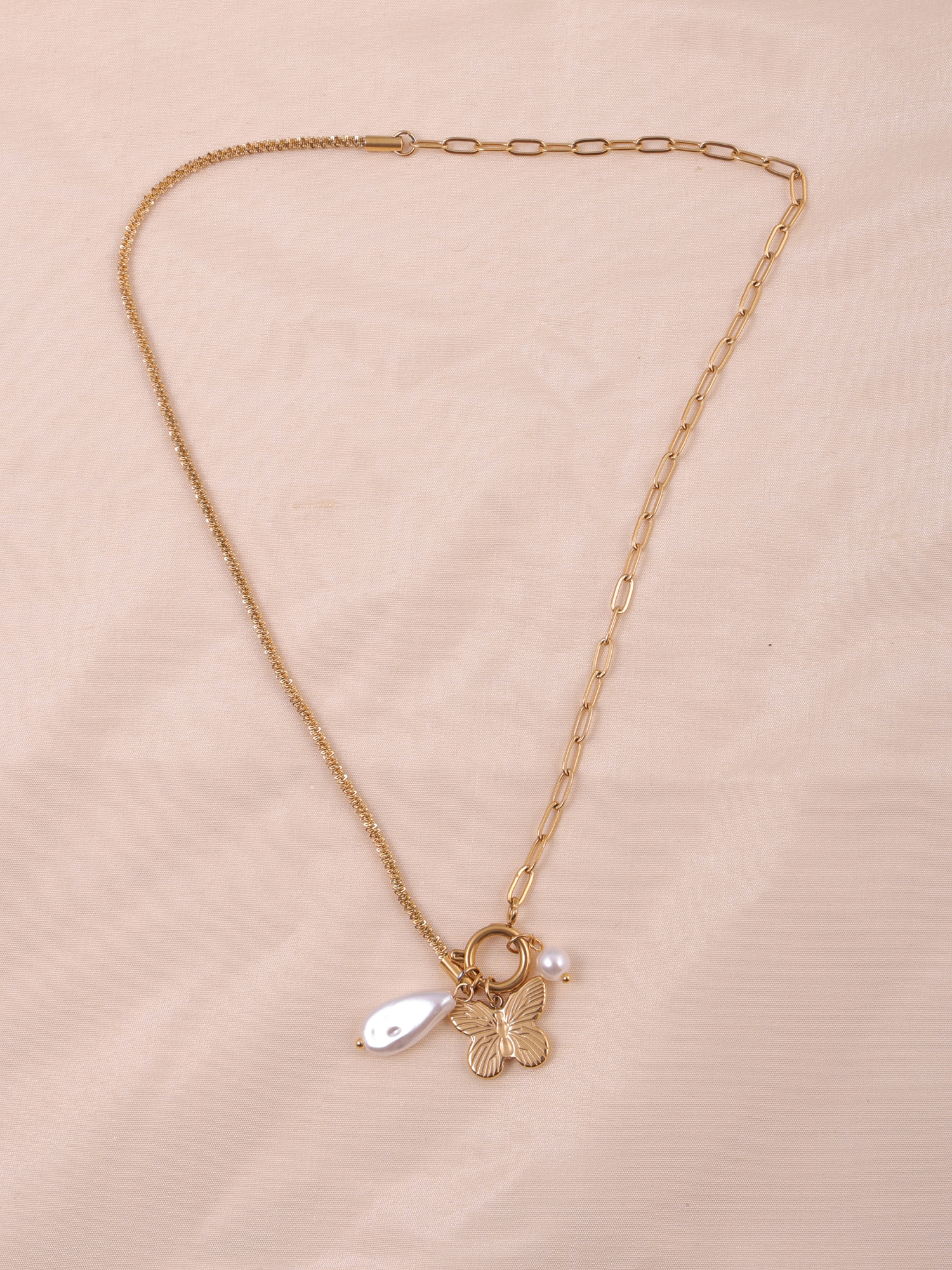 Golden Butterfly Charm Anti-Tarnish Necklace with Pearl Accent