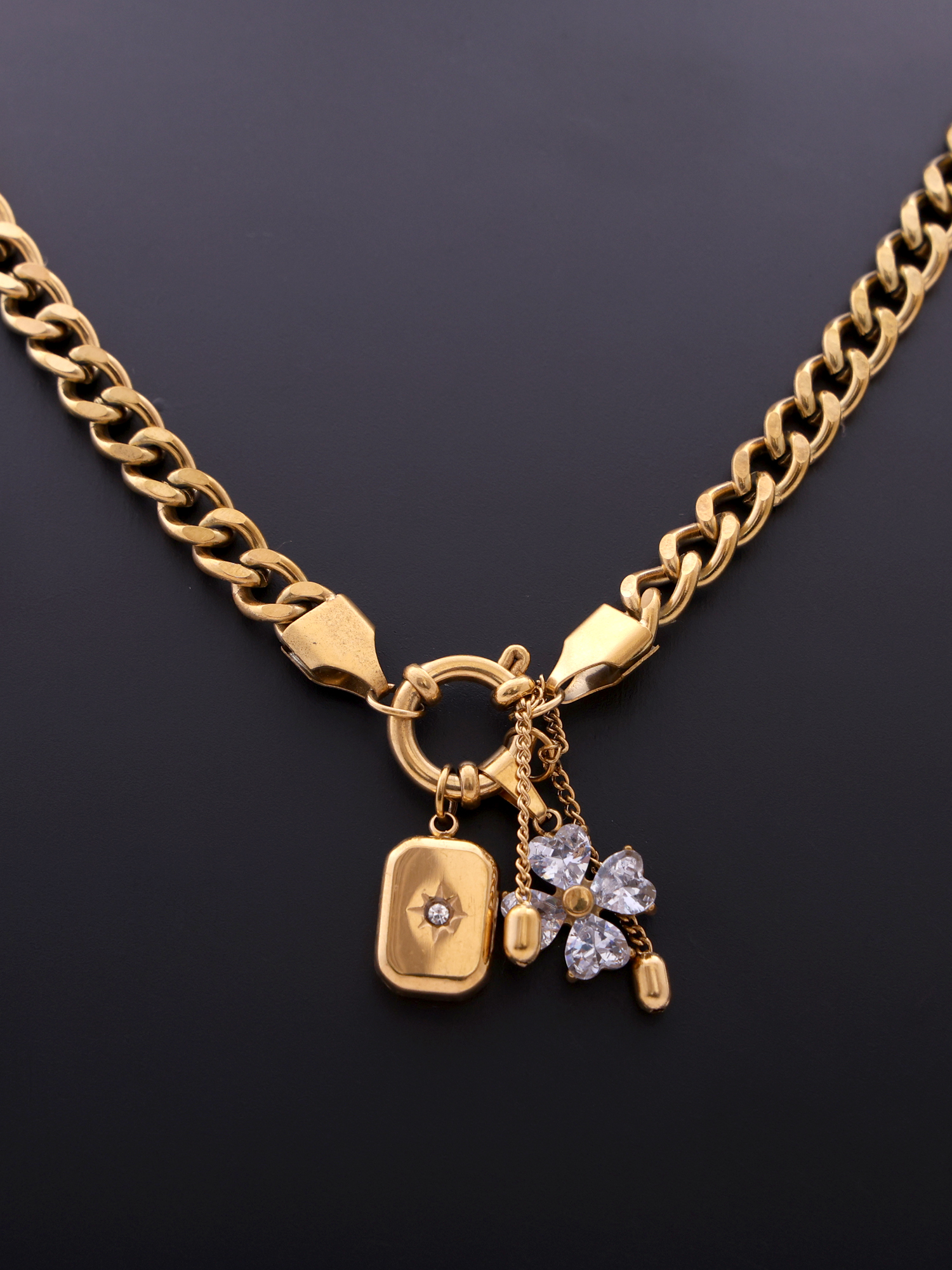 Gold Charm Statement Anti-Tarnish Necklace with Crystal Clover Pendant