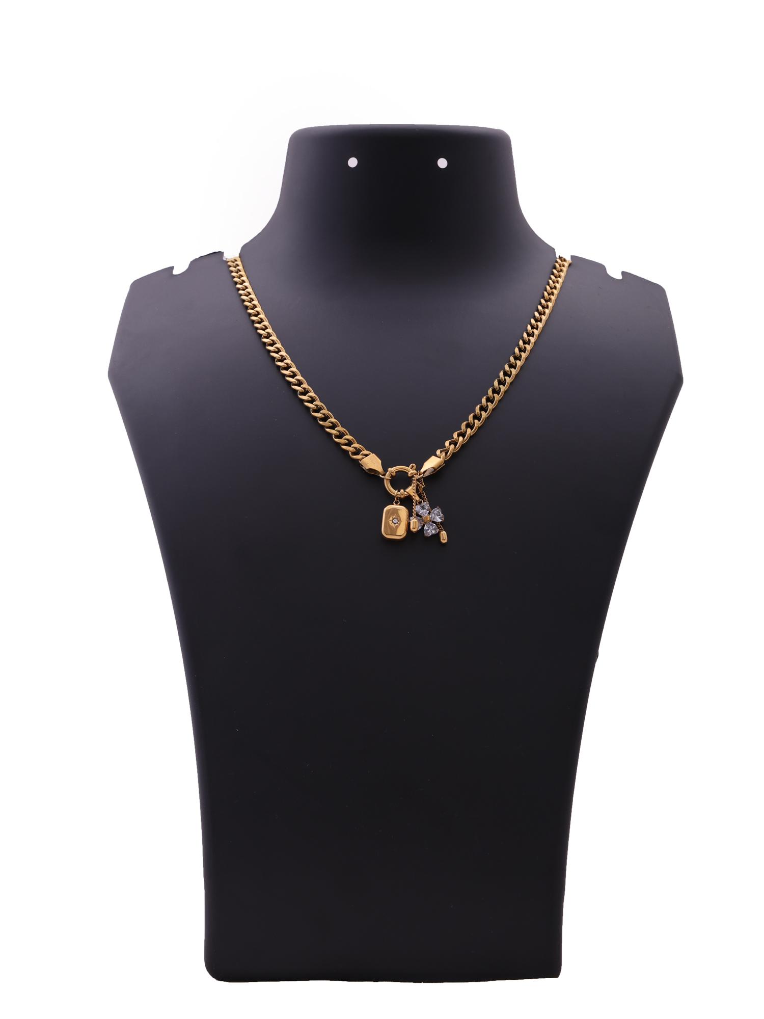 Gold Charm Statement Anti-Tarnish Necklace with Crystal Clover Pendant