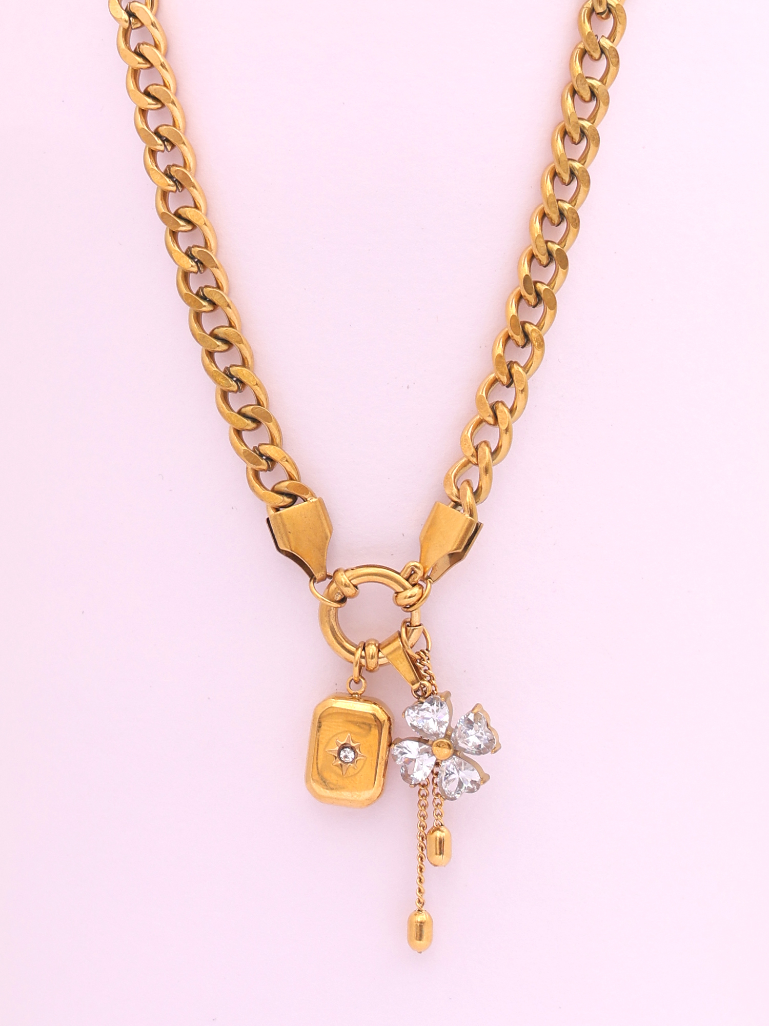Gold Charm Statement Anti-Tarnish Necklace with Crystal Clover Pendant