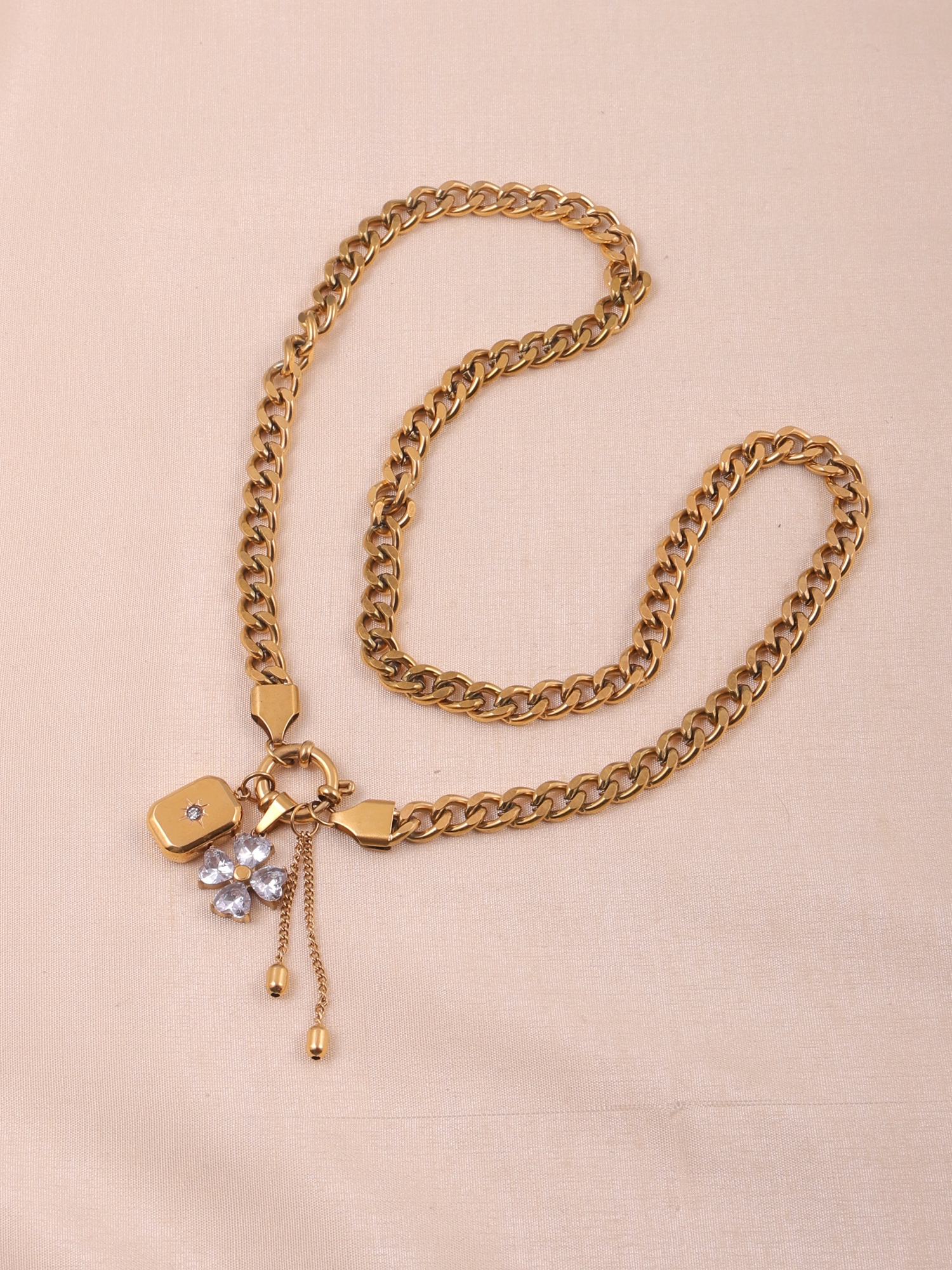 Gold Charm Statement Anti-Tarnish Necklace with Crystal Clover Pendant