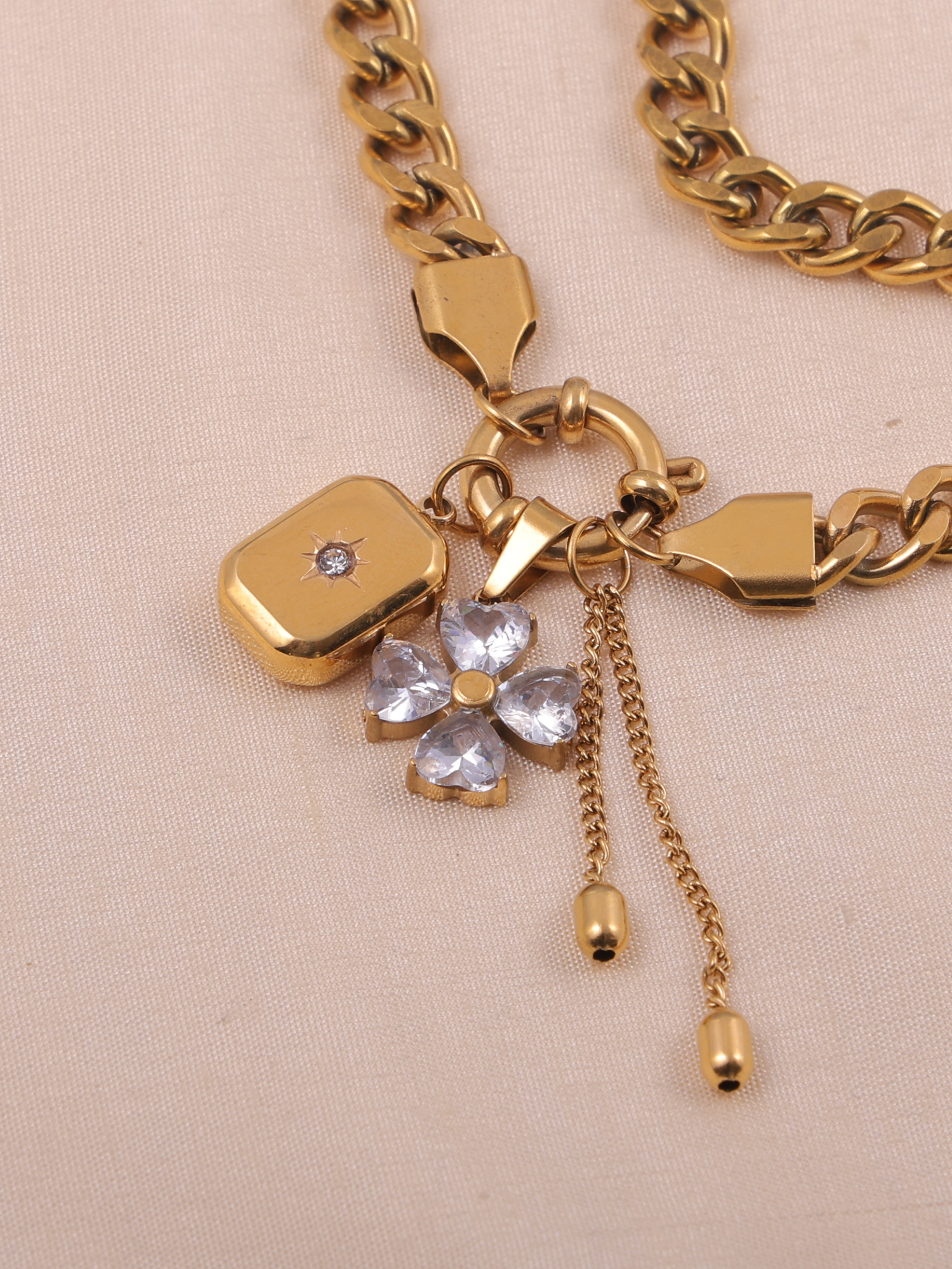 Gold Charm Statement Anti-Tarnish Necklace with Crystal Clover Pendant