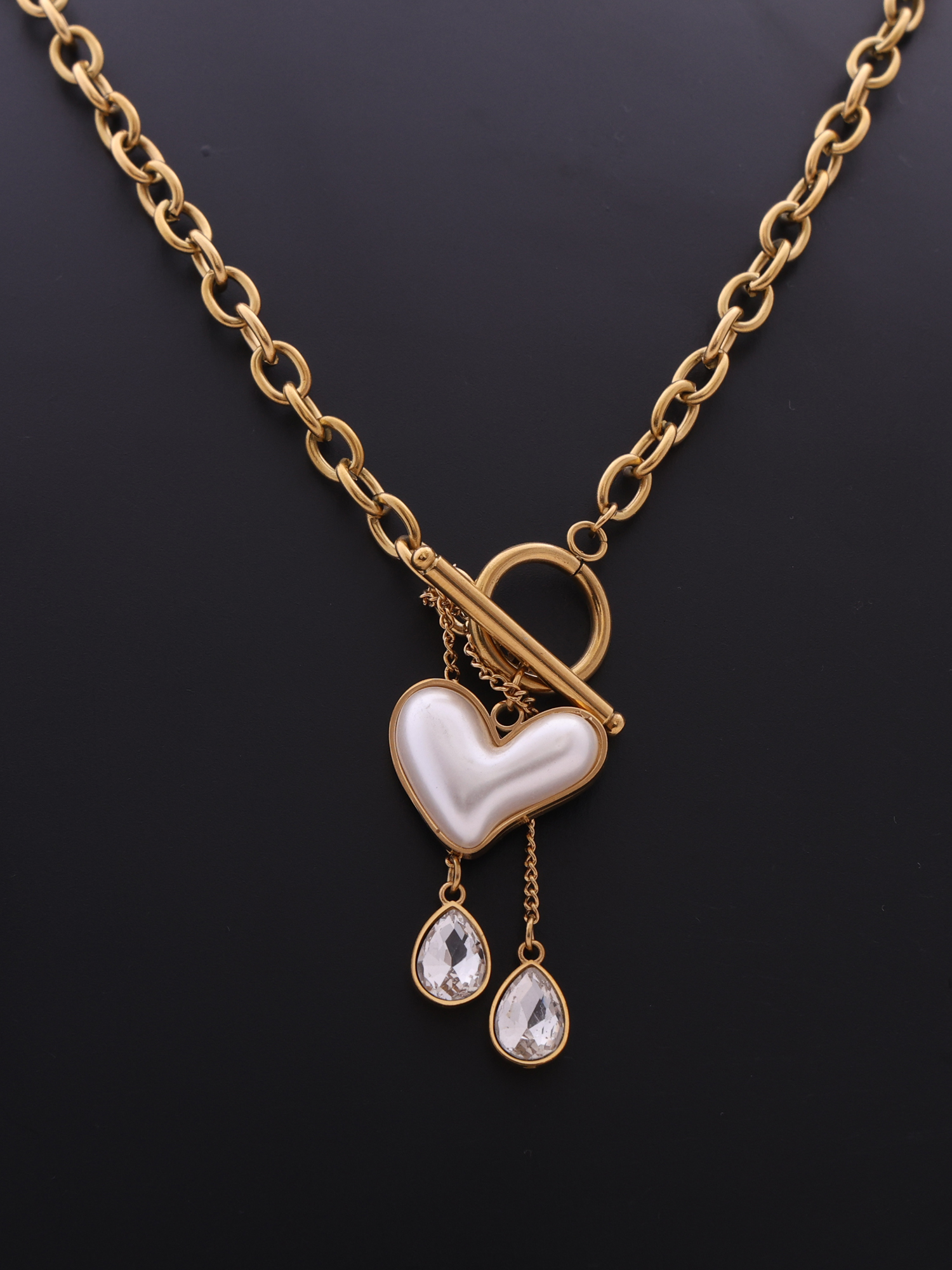 Pearl Heart Drop Anti-Tarnish Necklace with Crystal Charms