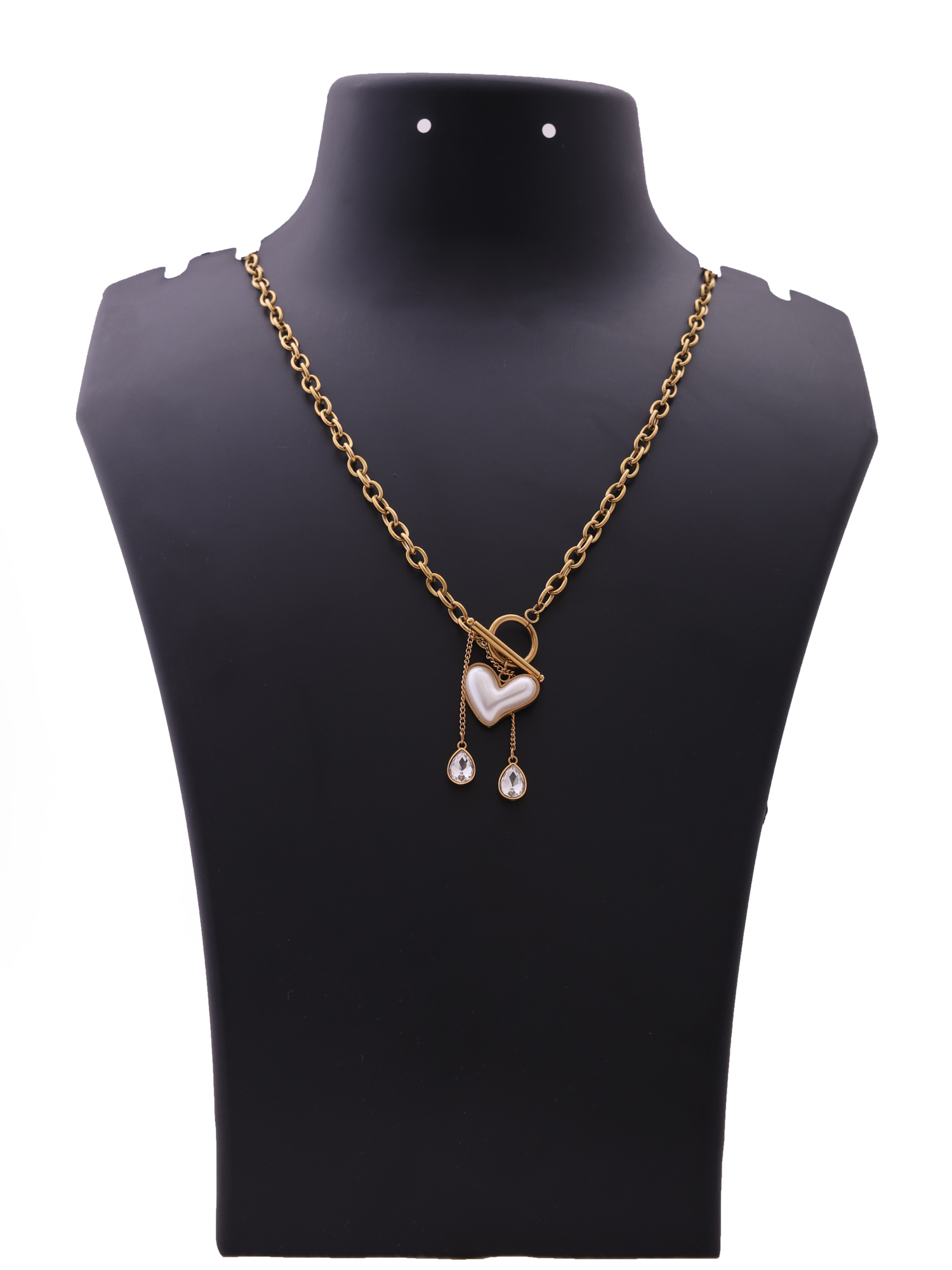 Pearl Heart Drop Anti-Tarnish Necklace with Crystal Charms