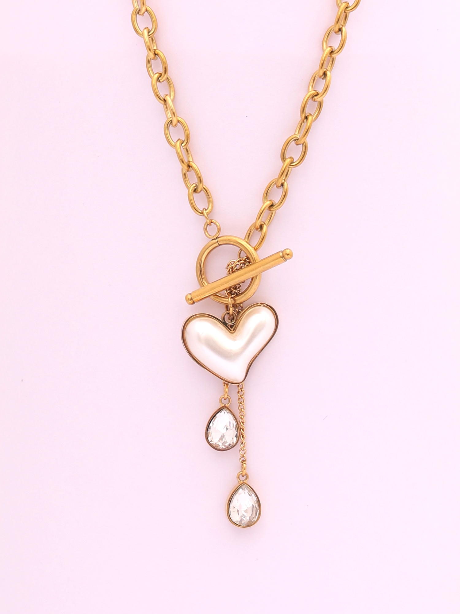 Pearl Heart Drop Anti-Tarnish Necklace with Crystal Charms