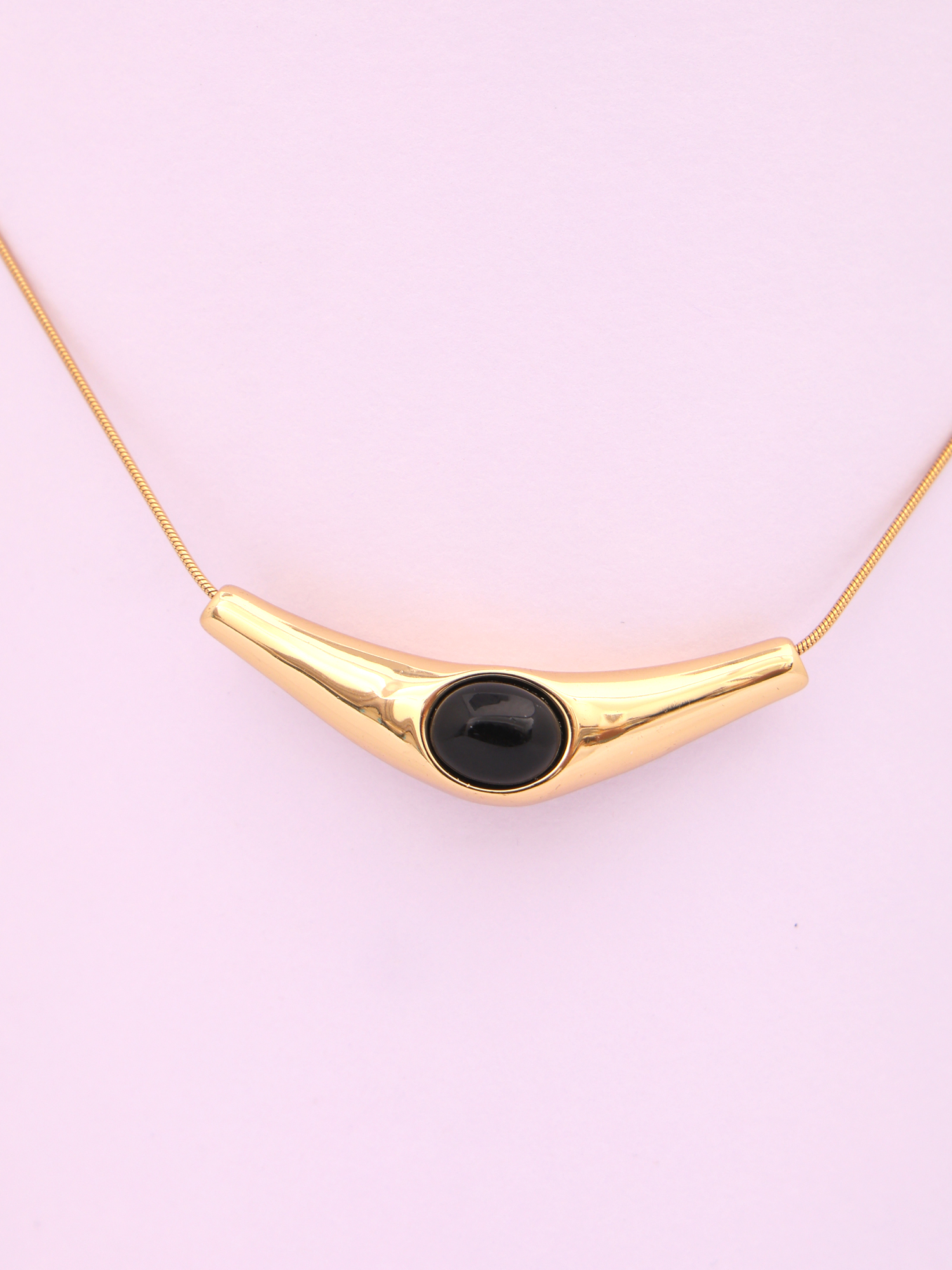 Modern Curve Bar Anti-Tarnish Necklace with Black Stone