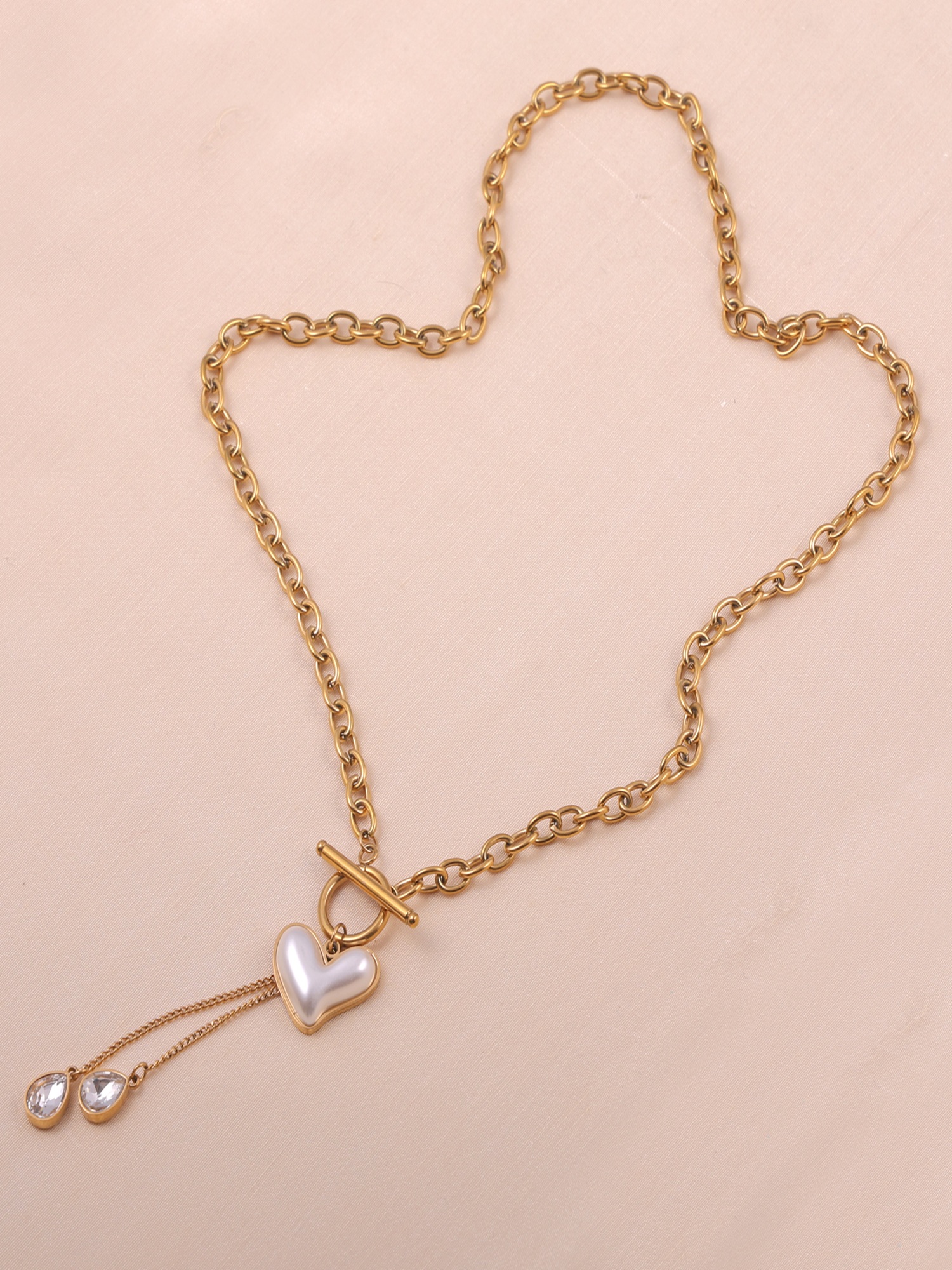 Pearl Heart Drop Anti-Tarnish Necklace with Crystal Charms