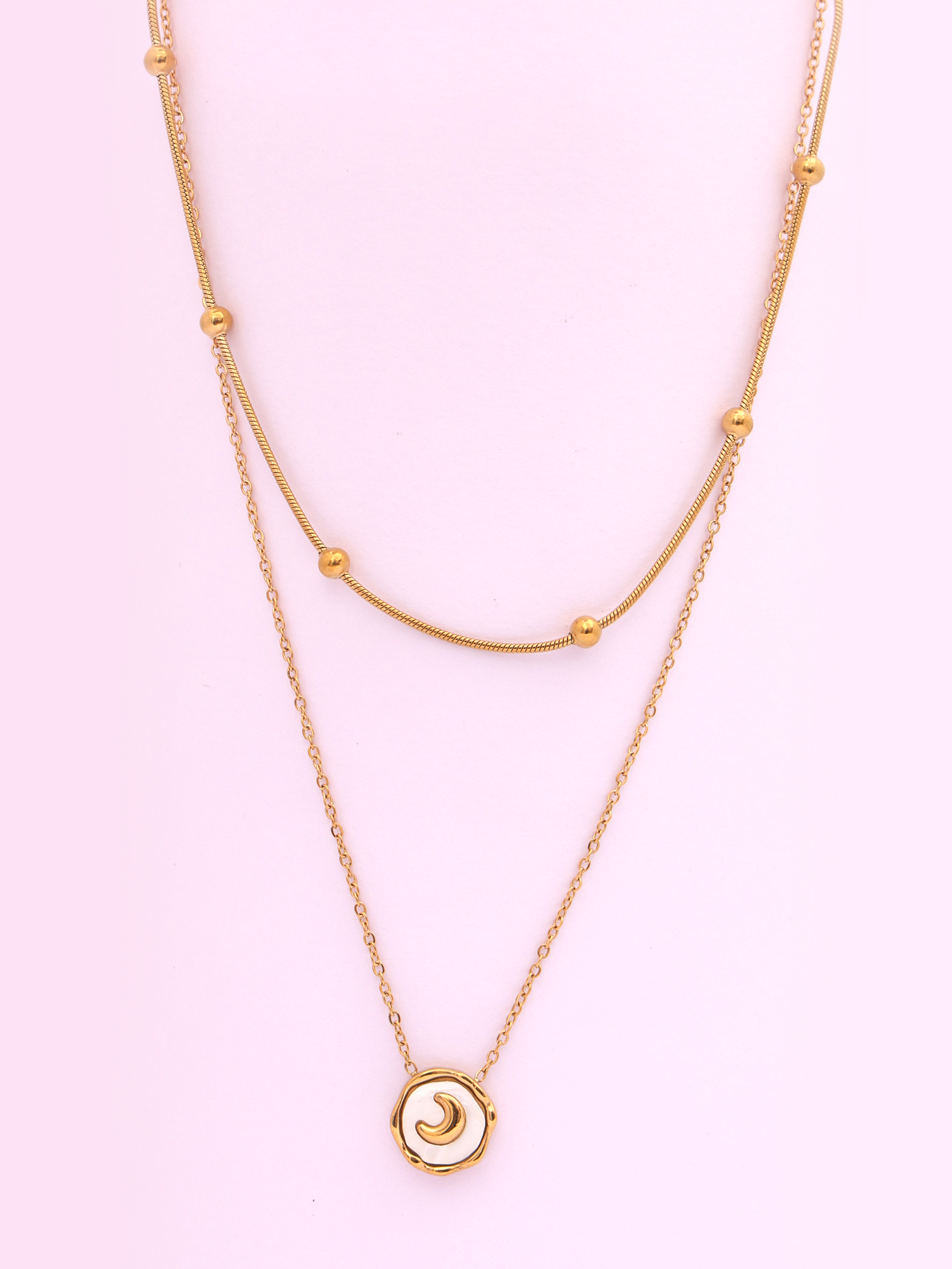 Luna Layered Anti-Tarnish Gold Double Chain with Moon Pendant Necklace