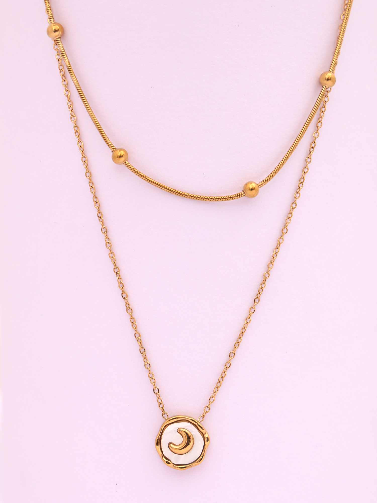 Luna Layered Anti-Tarnish Gold Double Chain with Moon Pendant Necklace