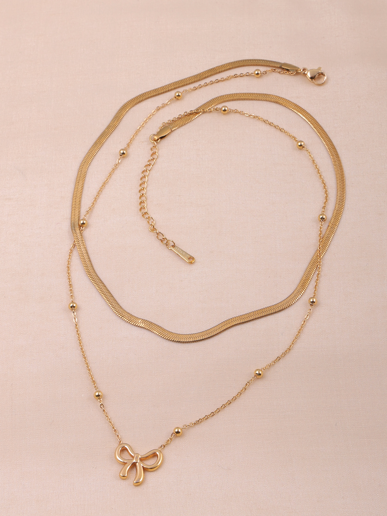 Elara Bow Layered Necklace – Anti-Tarnish Gold Snake Chain with Ribbon Charm