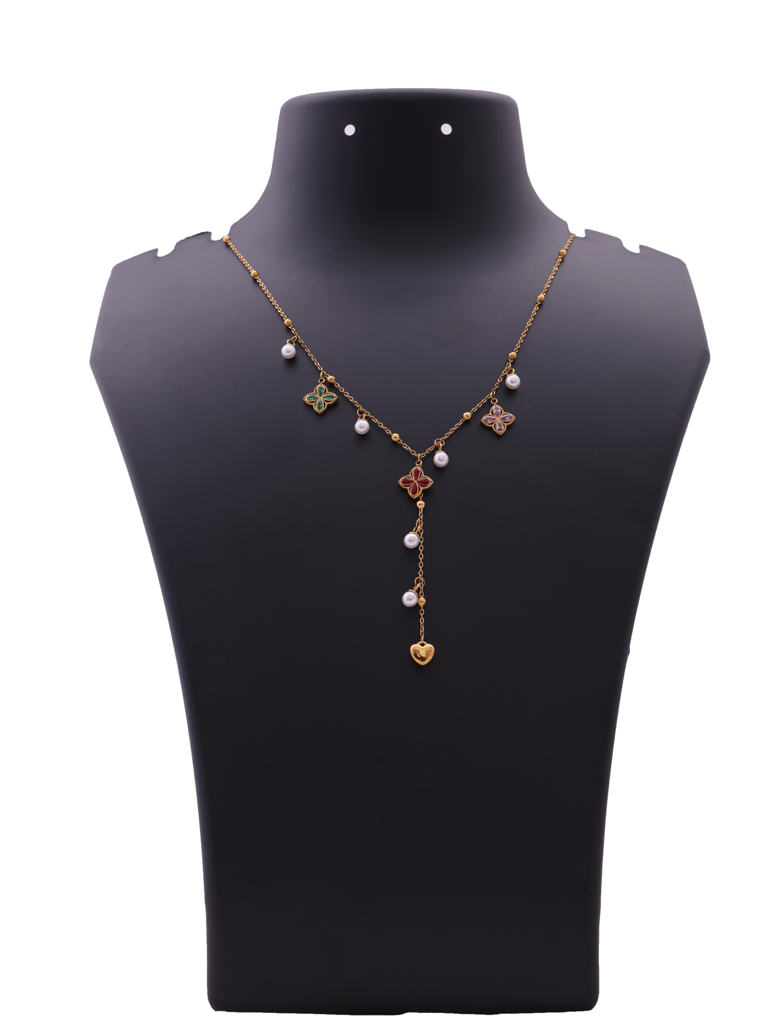Flora Charm Drop Necklace – Anti-Tarnish Gold Multicolor Clover & Pearl Design