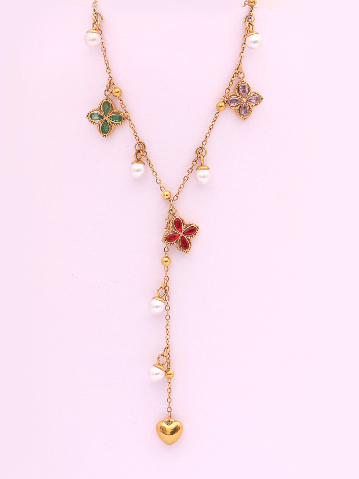 Flora Charm Drop Necklace – Anti-Tarnish Gold Multicolor Clover & Pearl Design