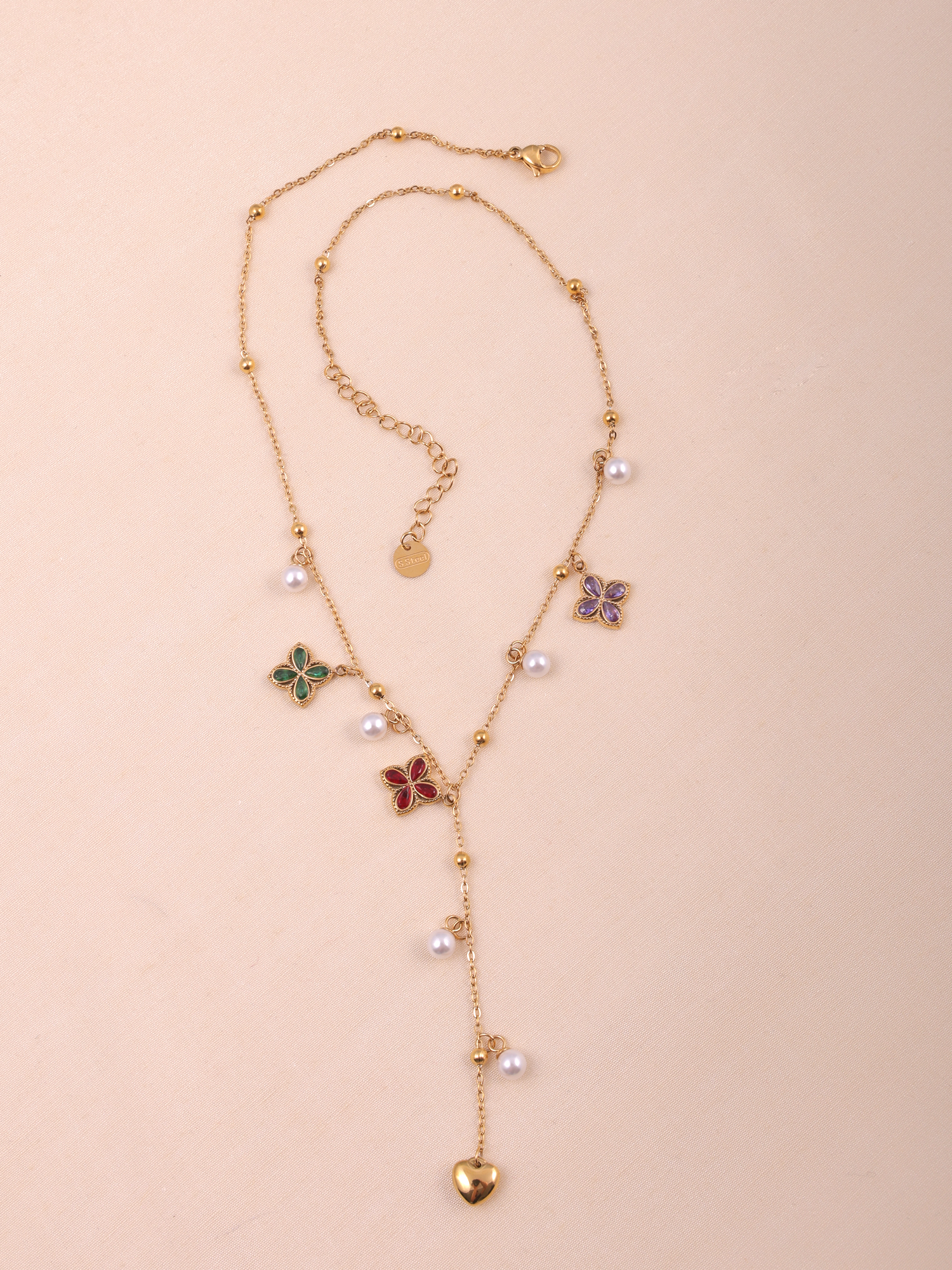 Flora Charm Drop Necklace – Anti-Tarnish Gold Multicolor Clover & Pearl Design