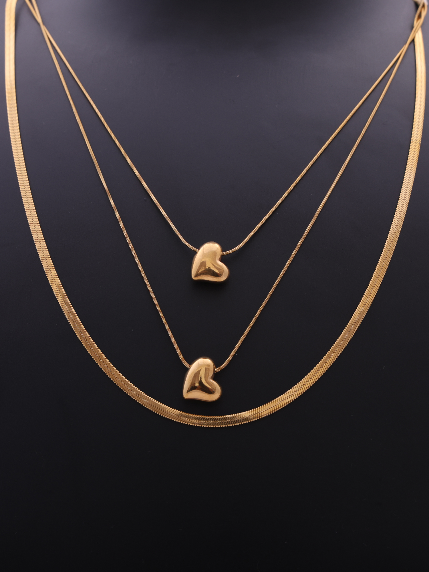 Amore Triple Layer Heart Necklace – Anti-Tarnish Gold Snake Chain Statement Set
