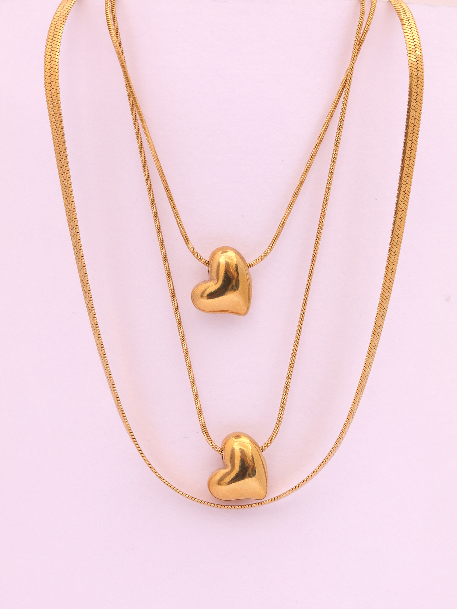 Amore Triple Layer Heart Necklace – Anti-Tarnish Gold Snake Chain Statement Set