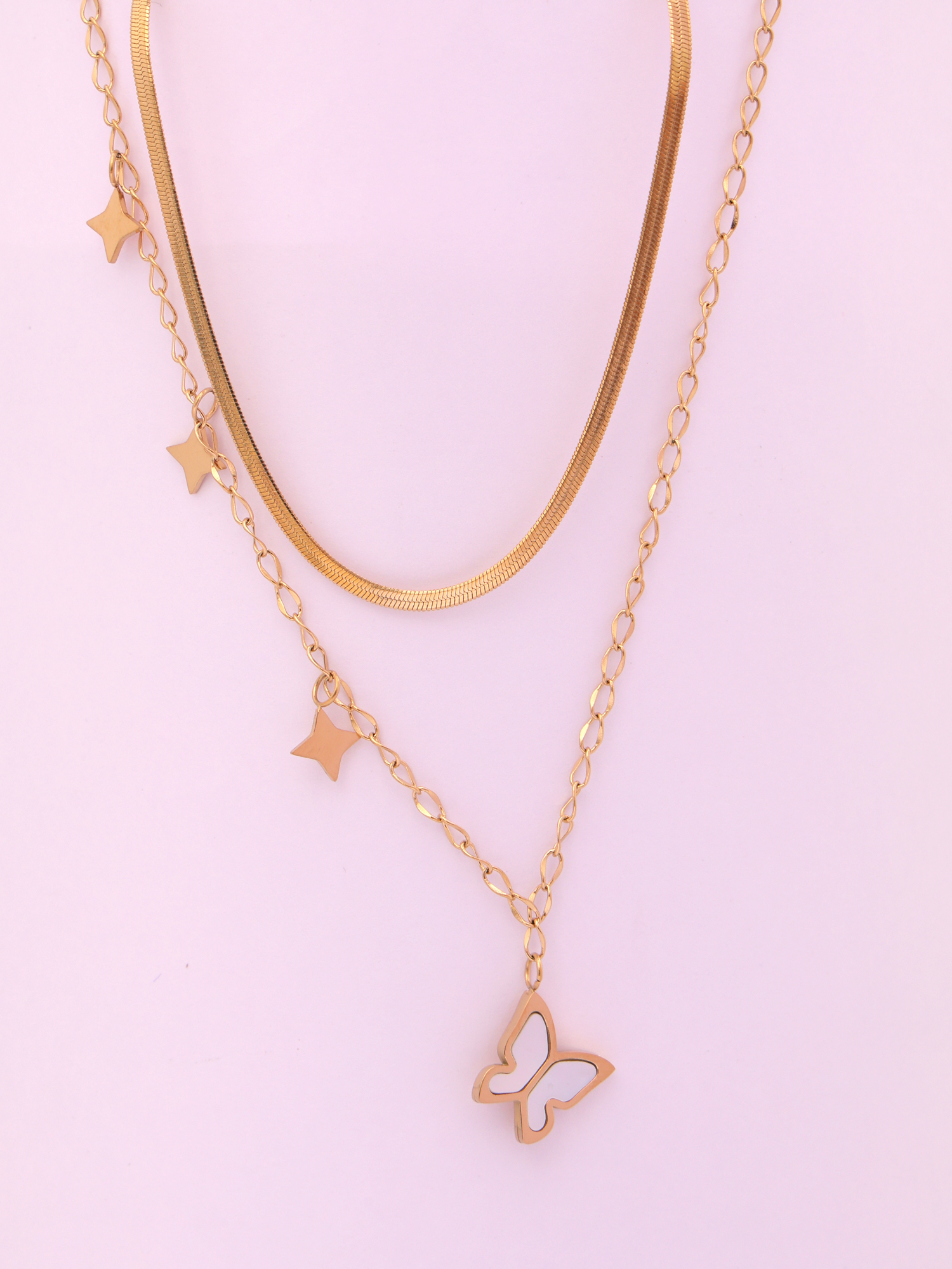 Celestia Butterfly Layered Necklace – Anti-Tarnish Gold Bar Chain with Charm Accents