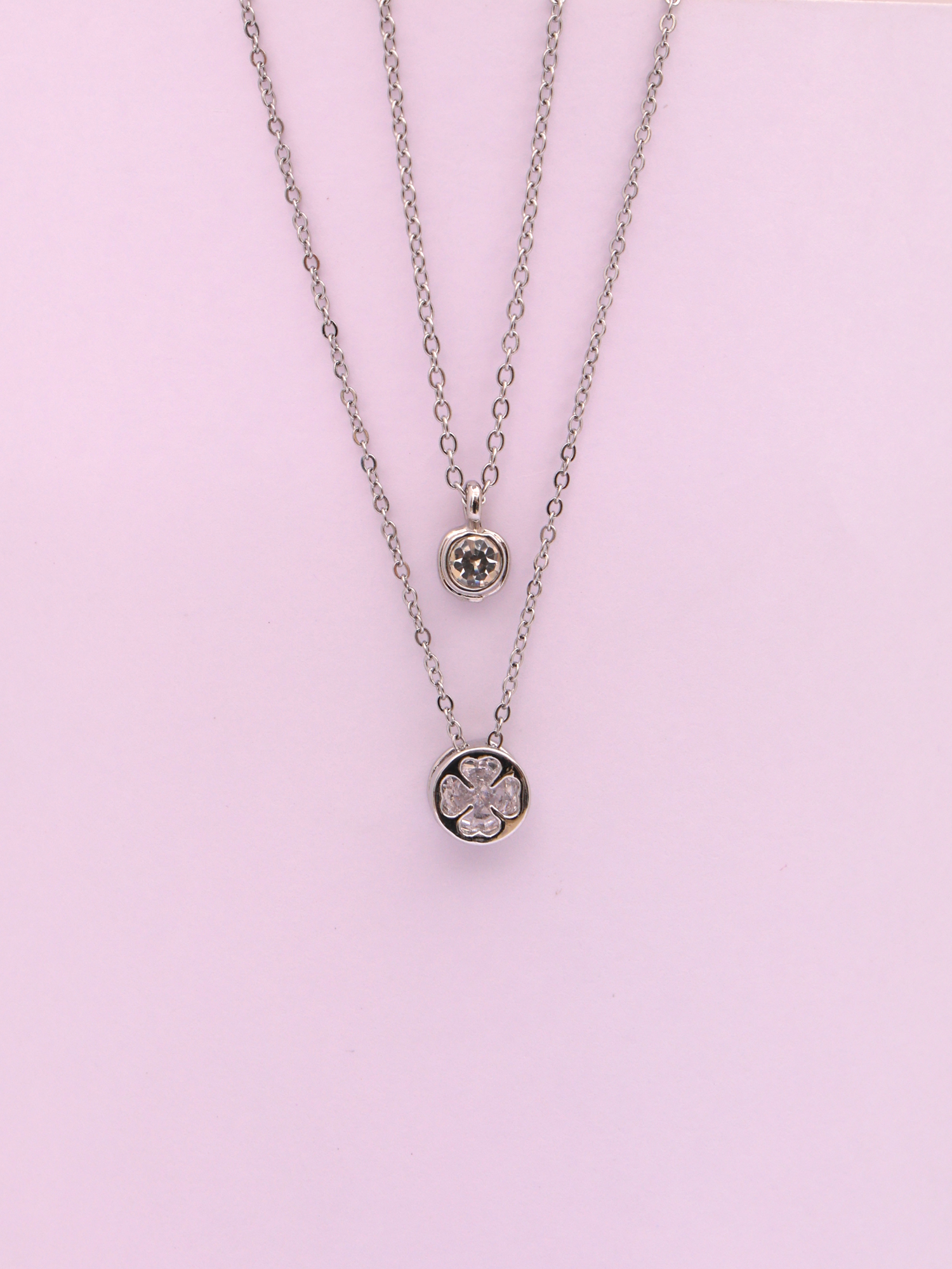 Dual Layer Crystal Charm Silver  Anti-Tarnish Necklace