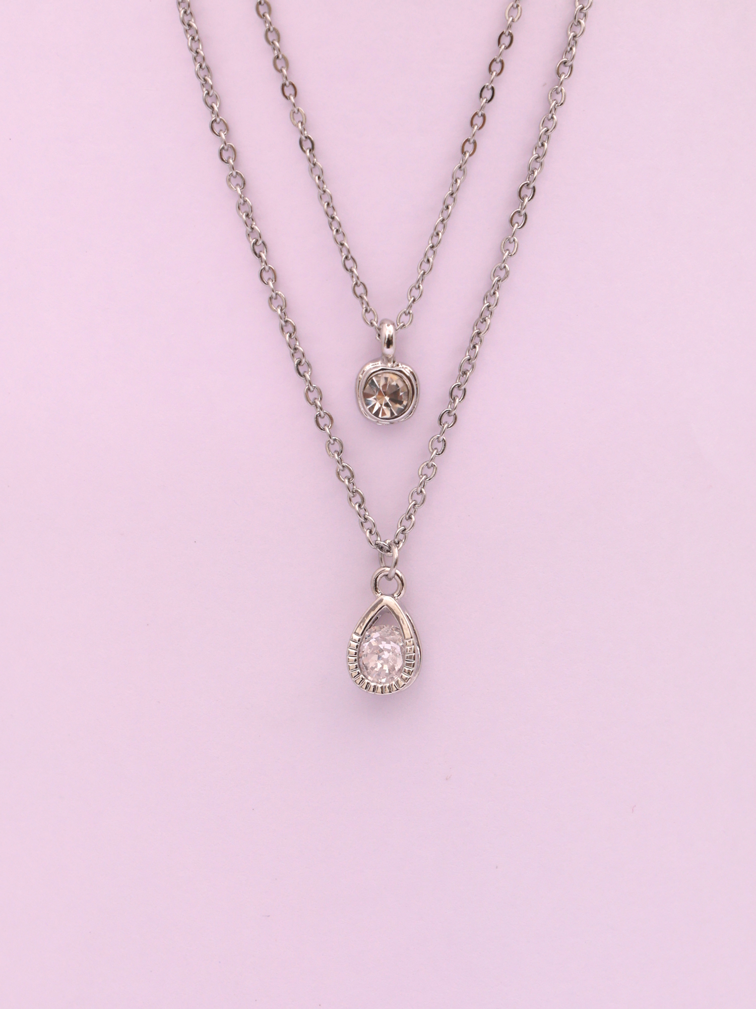 Dual Layer Teardrop Crystal Silver Anti-Tarnish Necklace