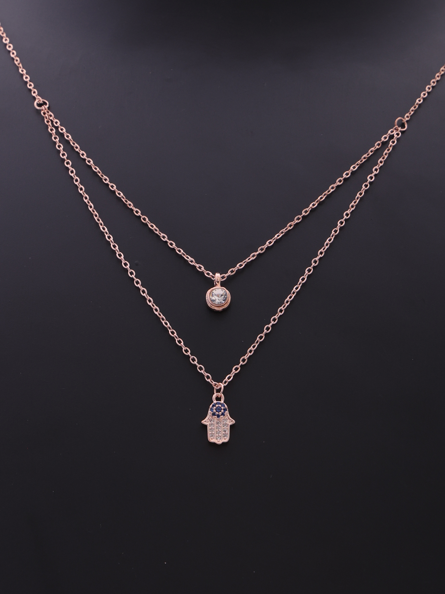 Layered Hamsa Hand Crystal Rose Gold Anti-Tarnish Necklace