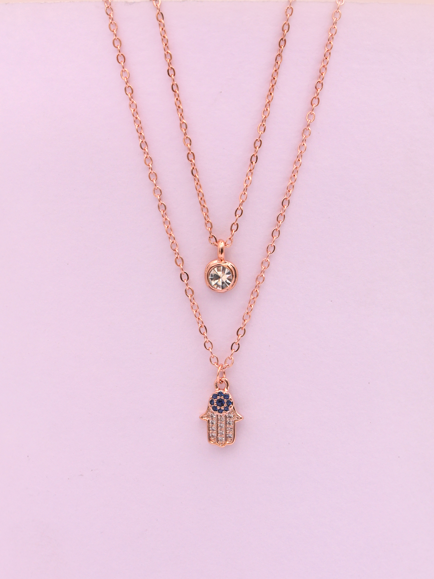 Layered Hamsa Hand Crystal Rose Gold Anti-Tarnish Necklace
