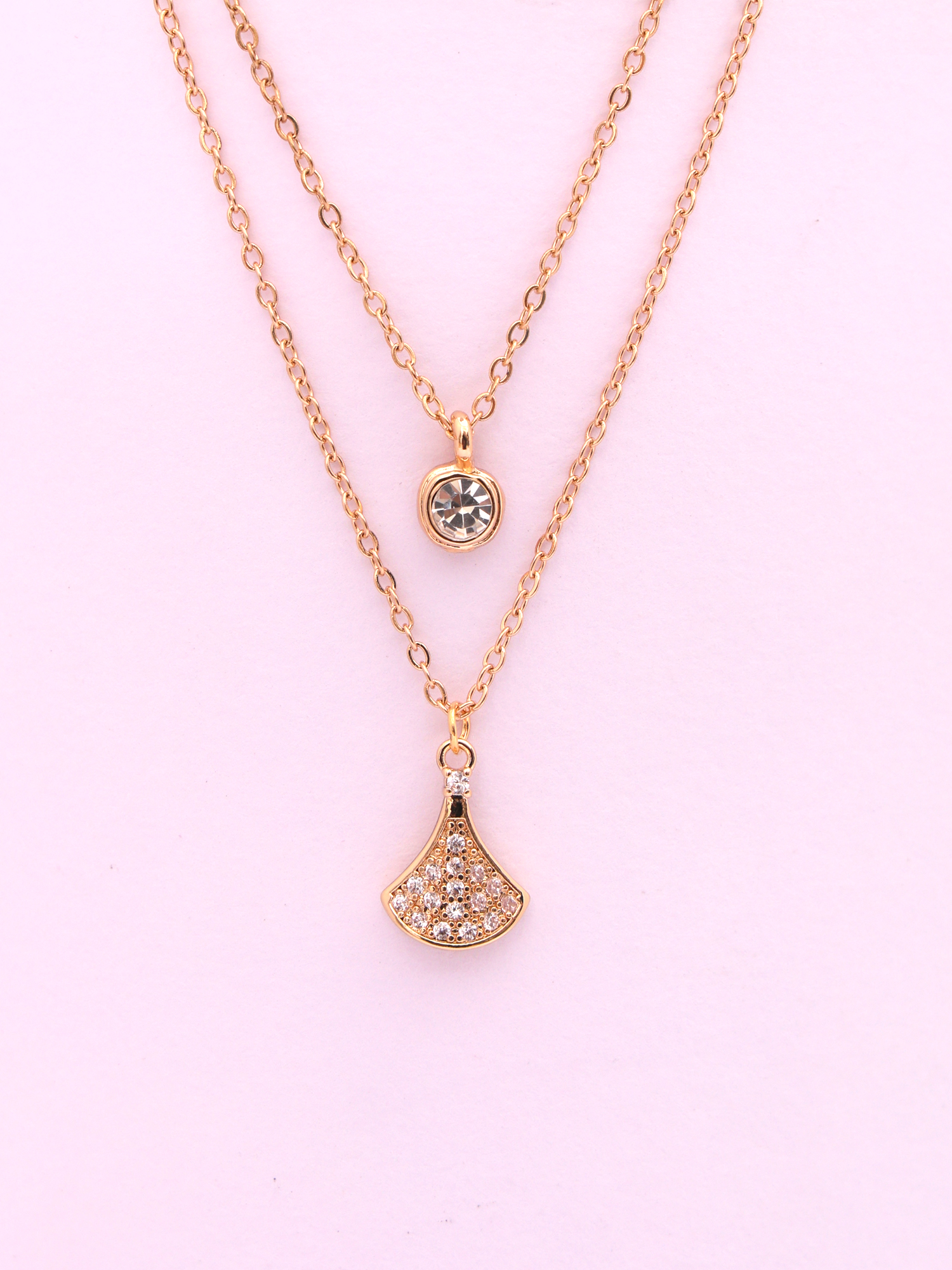 Golden Dual Layer Fan Pendant Anti-Tarnish Necklace