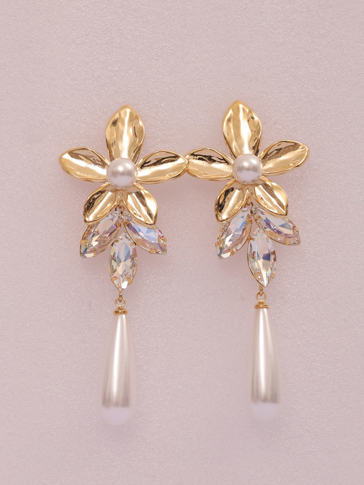 Floral Pearl Crystal Anti-Tarnish Drop Earrings