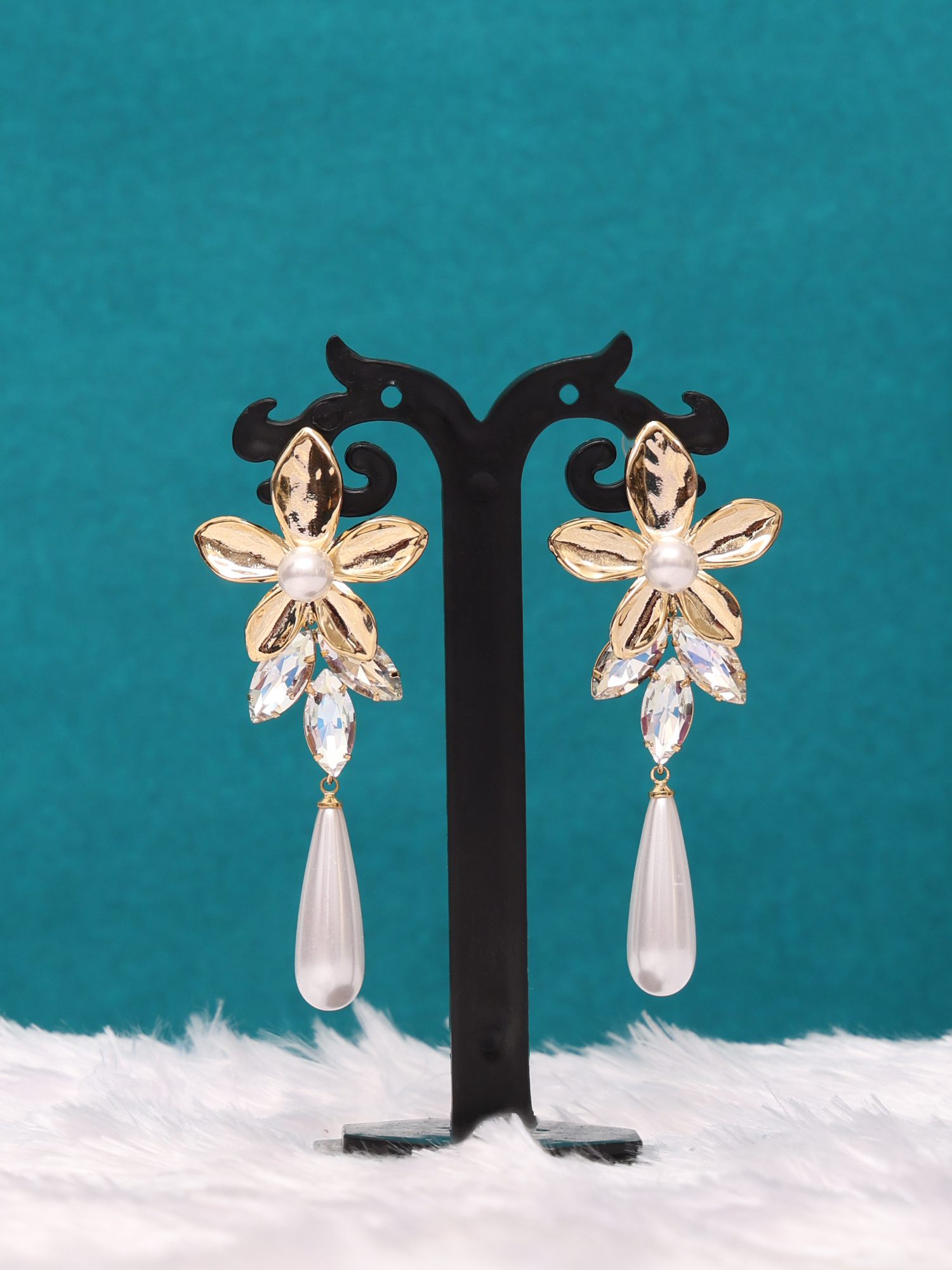 Floral Pearl Crystal Anti-Tarnish Drop Earrings