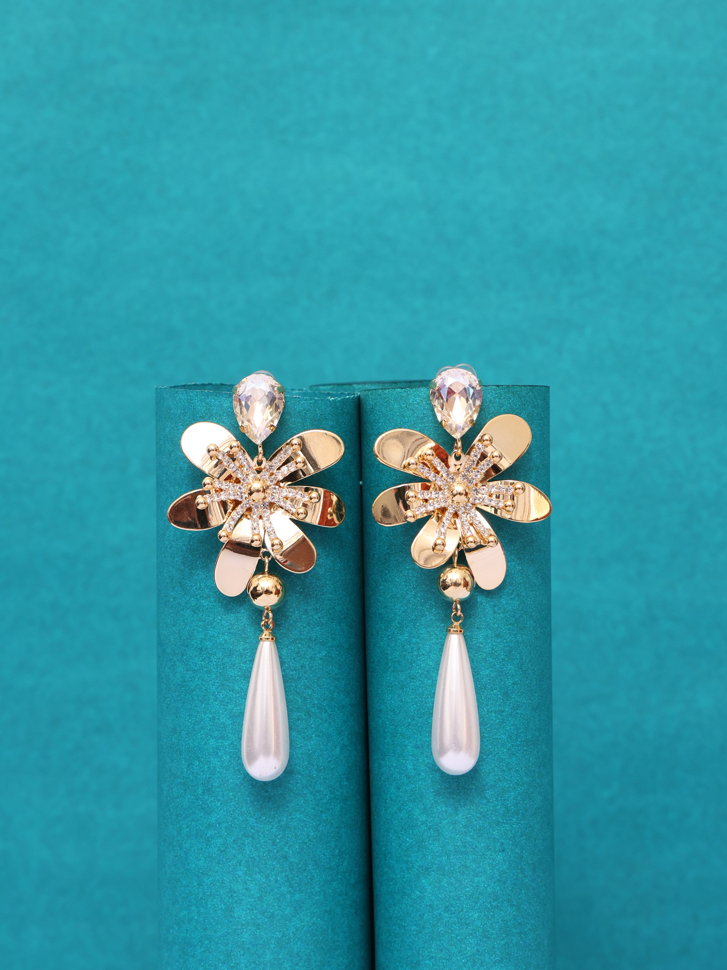 Crystal Bloom Pearl Drop Anti-Tarnish Earrings