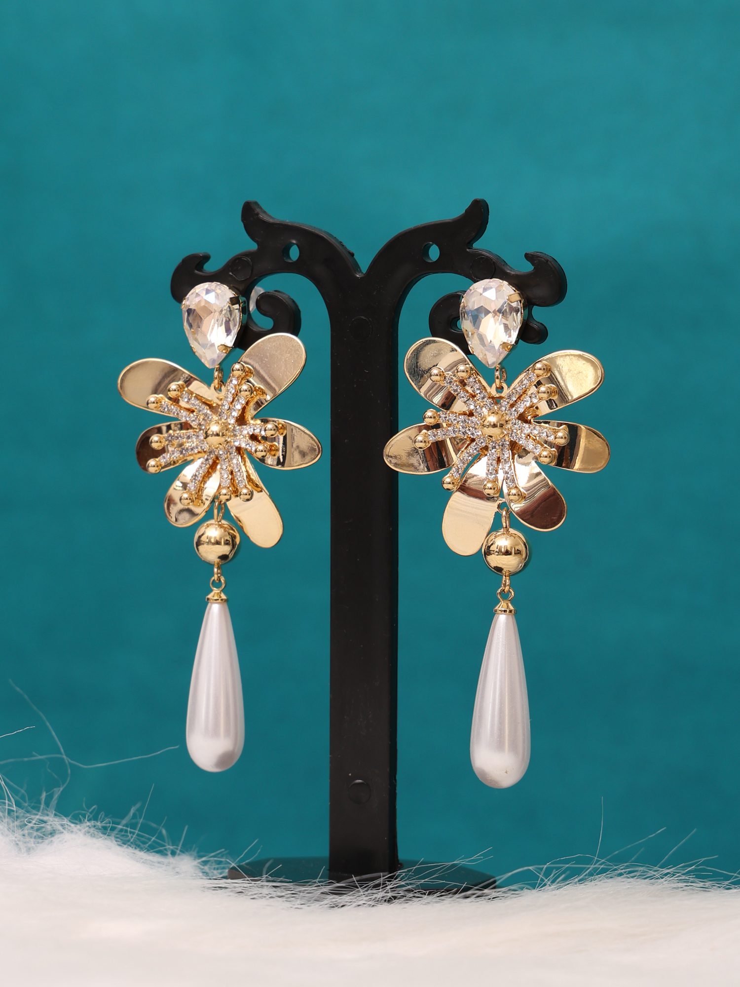 Crystal Bloom Pearl Drop Anti-Tarnish Earrings