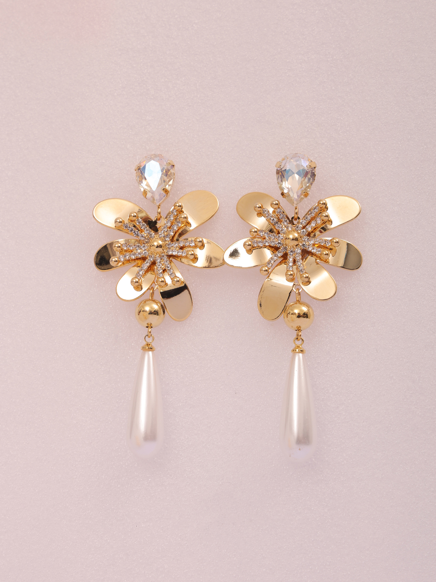 Crystal Bloom Pearl Drop Anti-Tarnish Earrings
