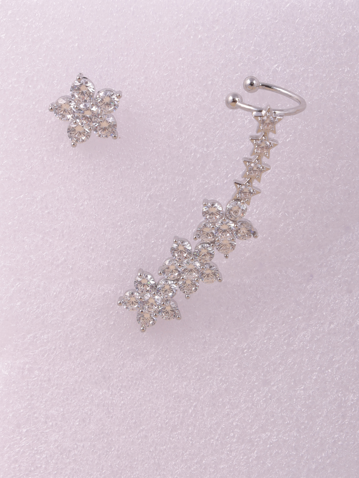 Silver Floral Crystal Ear Cuff Earring Set