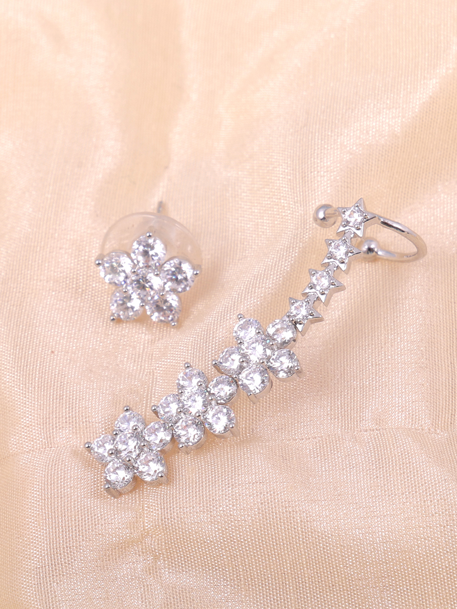 Silver Floral Crystal Ear Cuff Earring Set