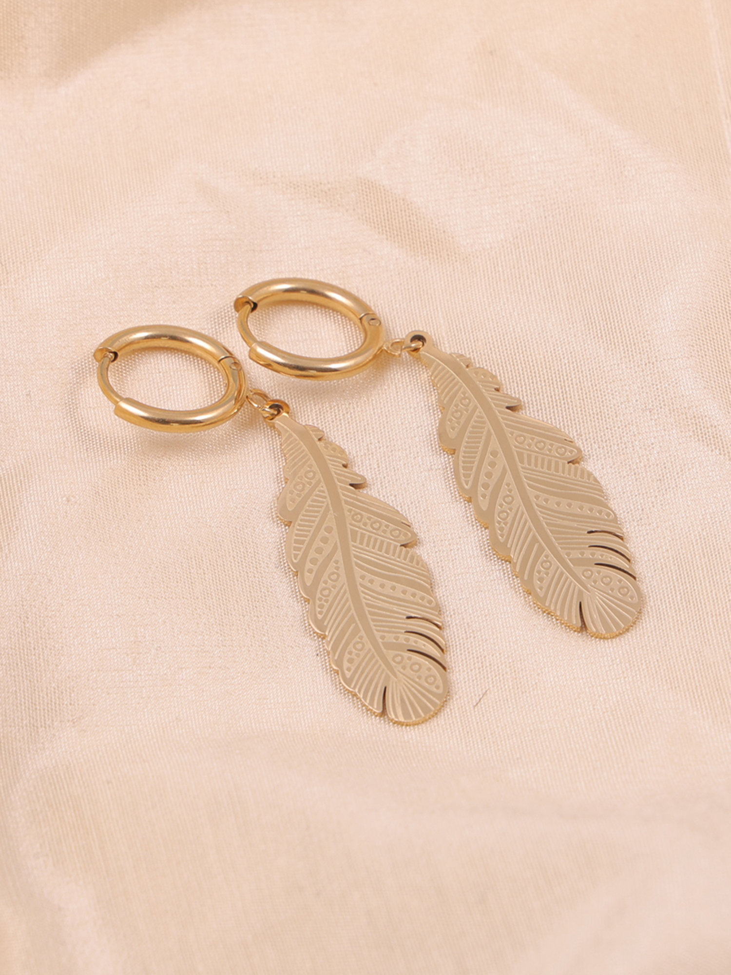 Golden Feather Anti-Tarnish Hoop Earrings