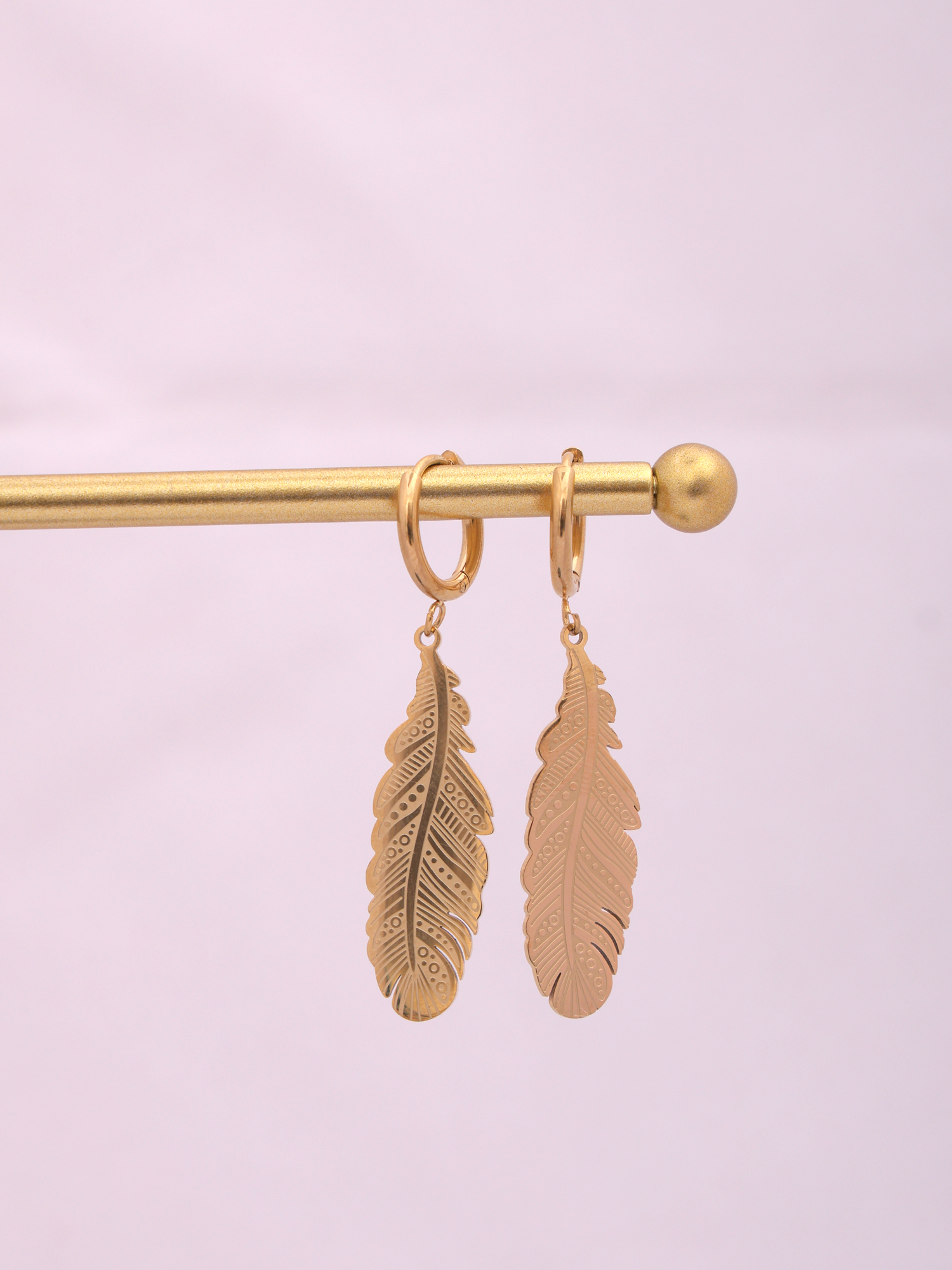 Golden Feather Anti-Tarnish Hoop Earrings