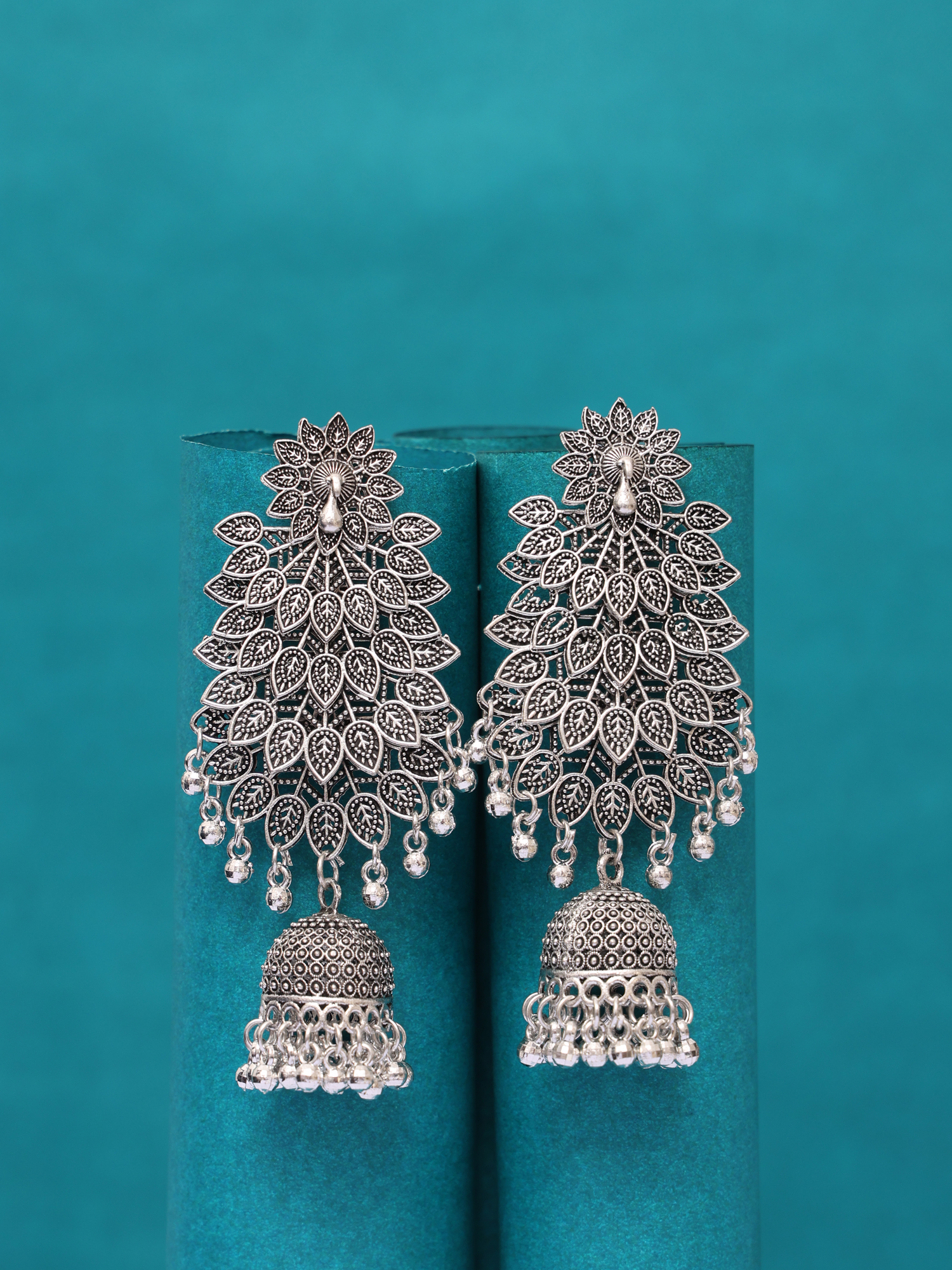 Royal Peacock Oxidised Jhumka Earrings
