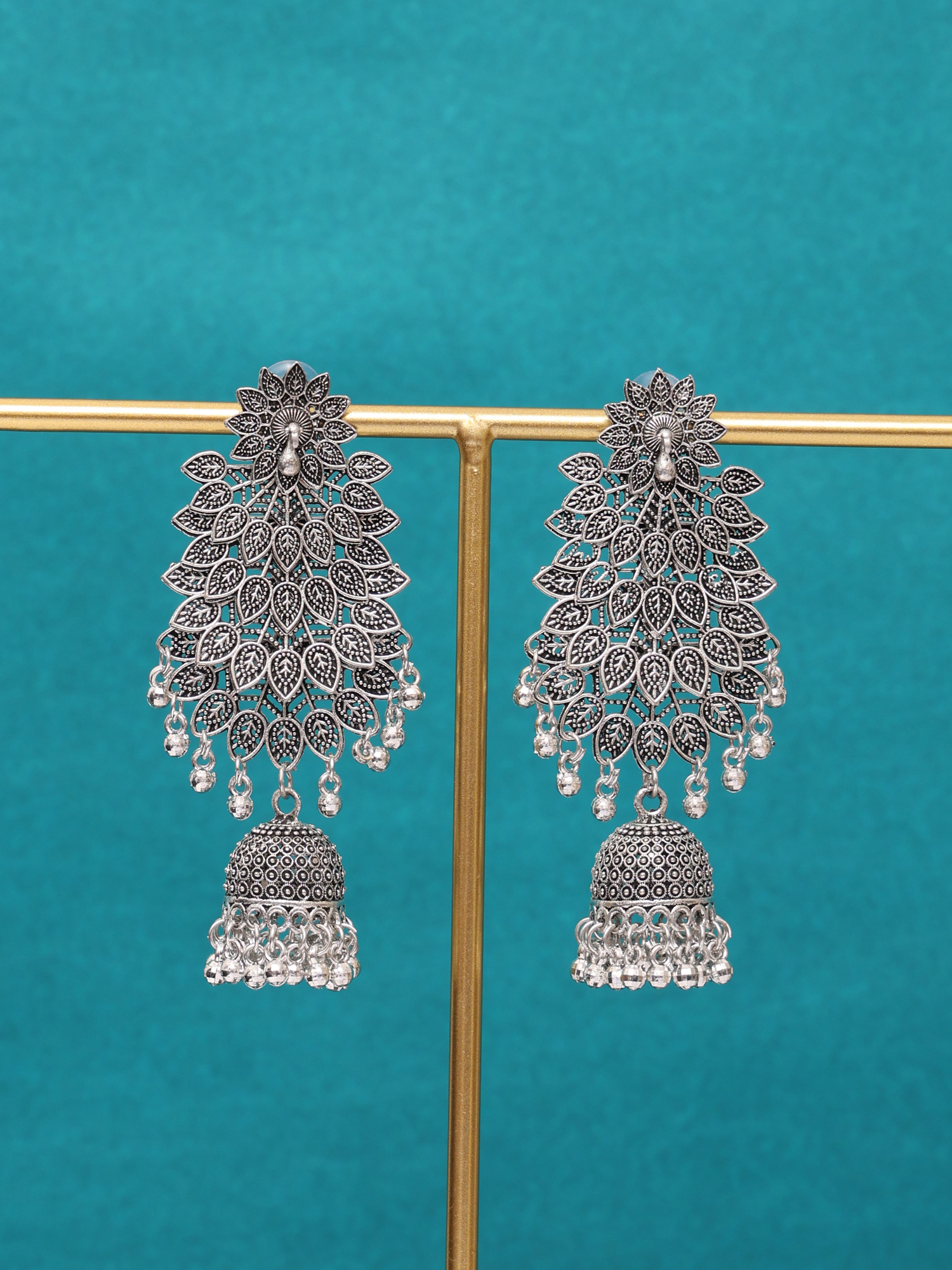 Royal Peacock Oxidised Jhumka Earrings