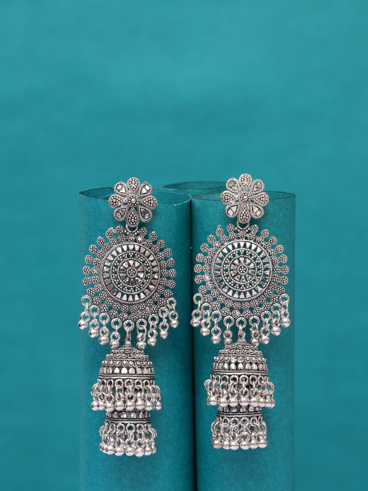 Meher Mandala Oxidised Statement Jhumka Earrings