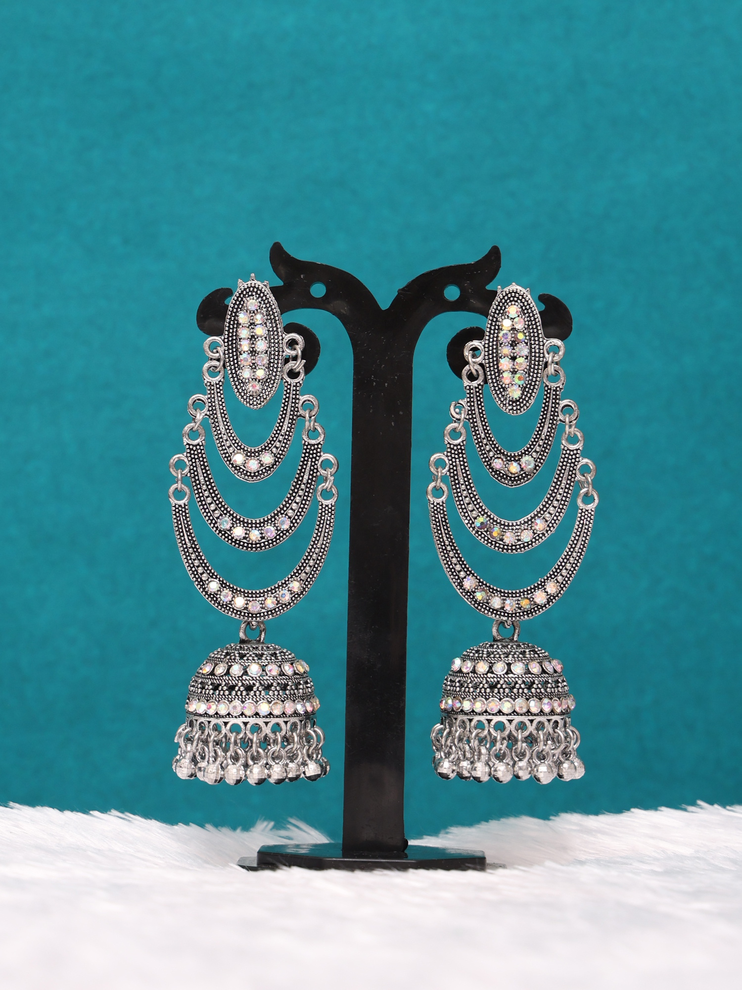 Aafreen Stone Oxidised Layered Jhumka Earrings