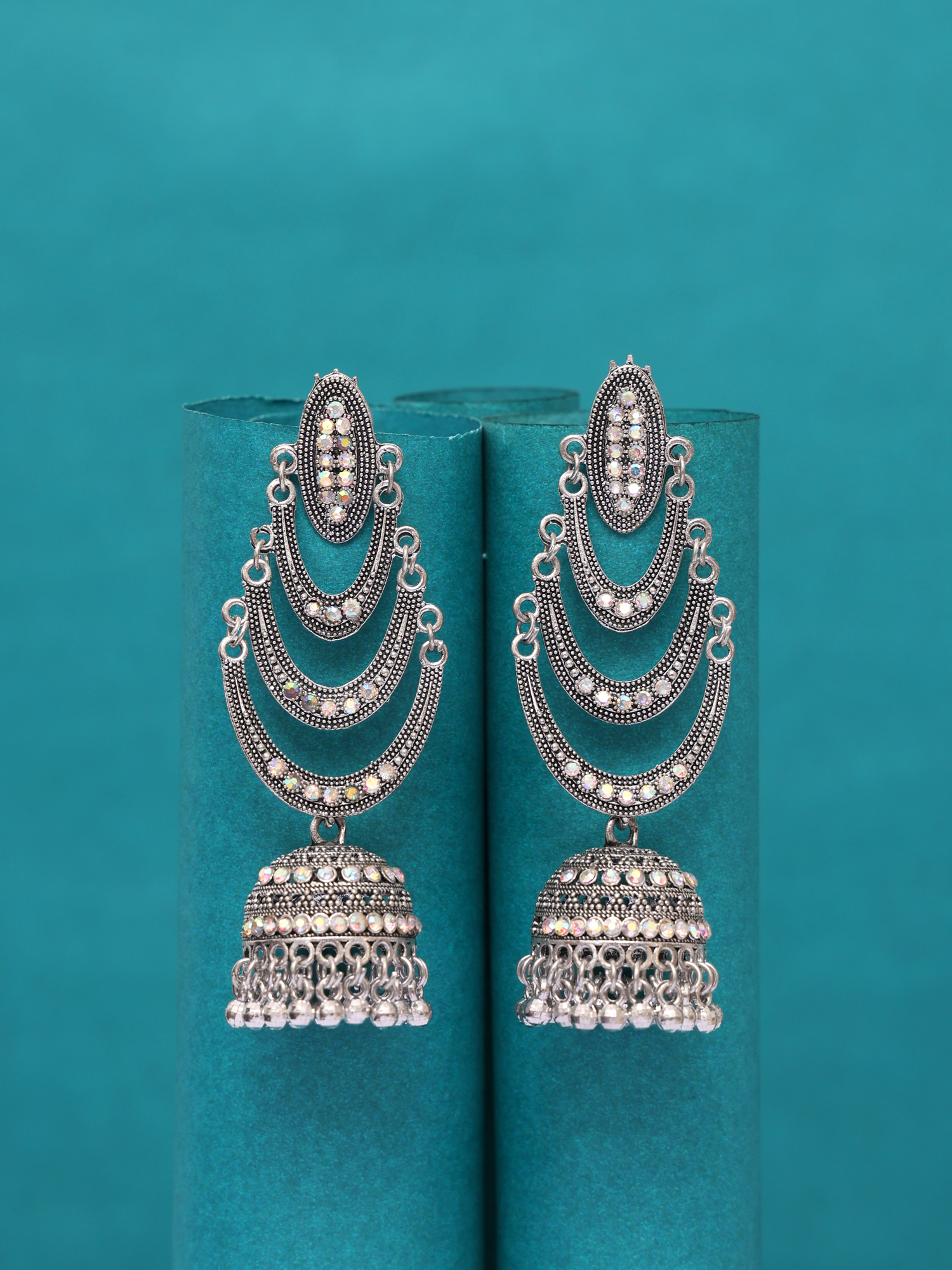 Aafreen Stone Oxidised Layered Jhumka Earrings