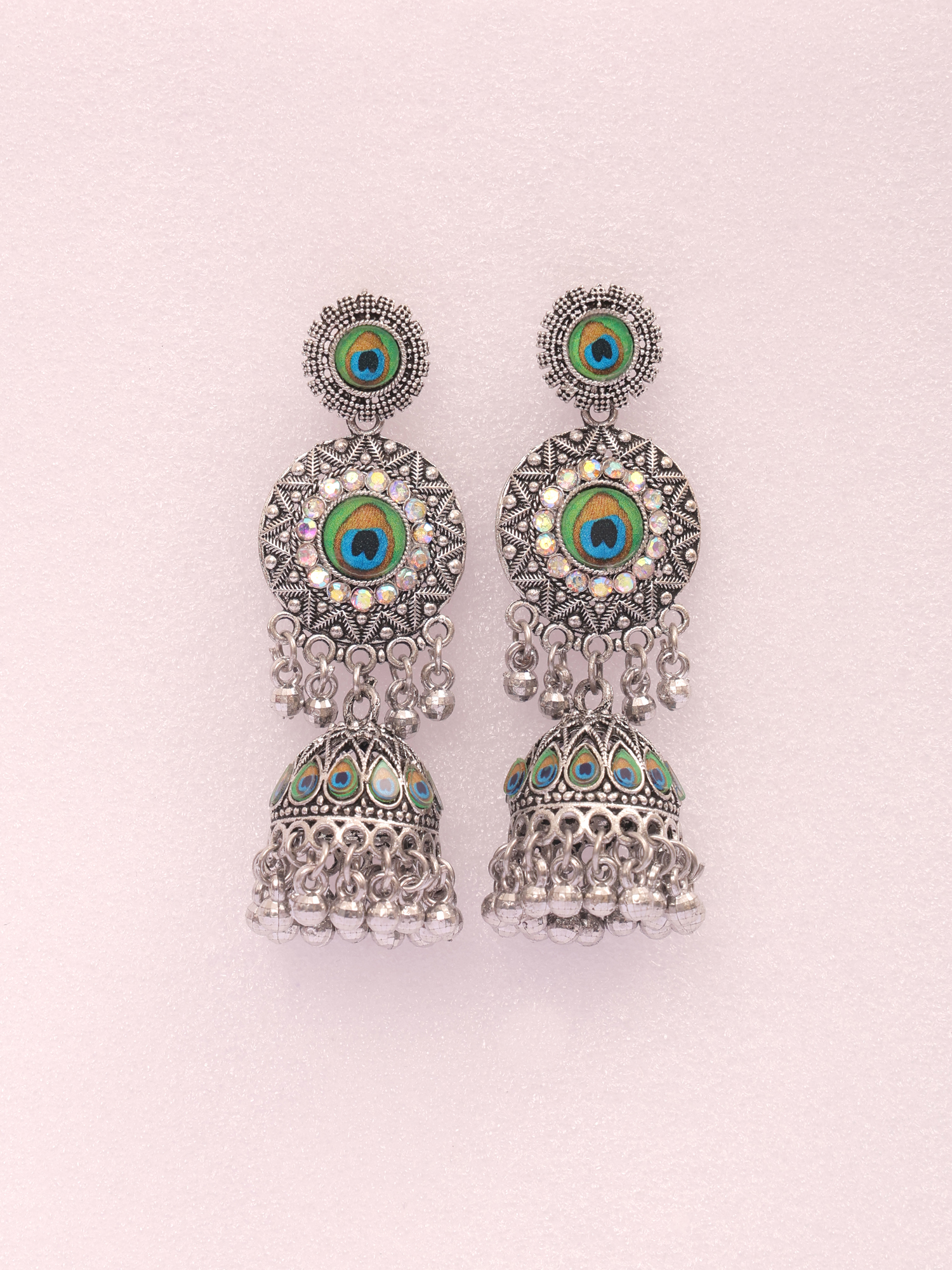 Morni Peacock Oxidised Statement Jhumka Earrings