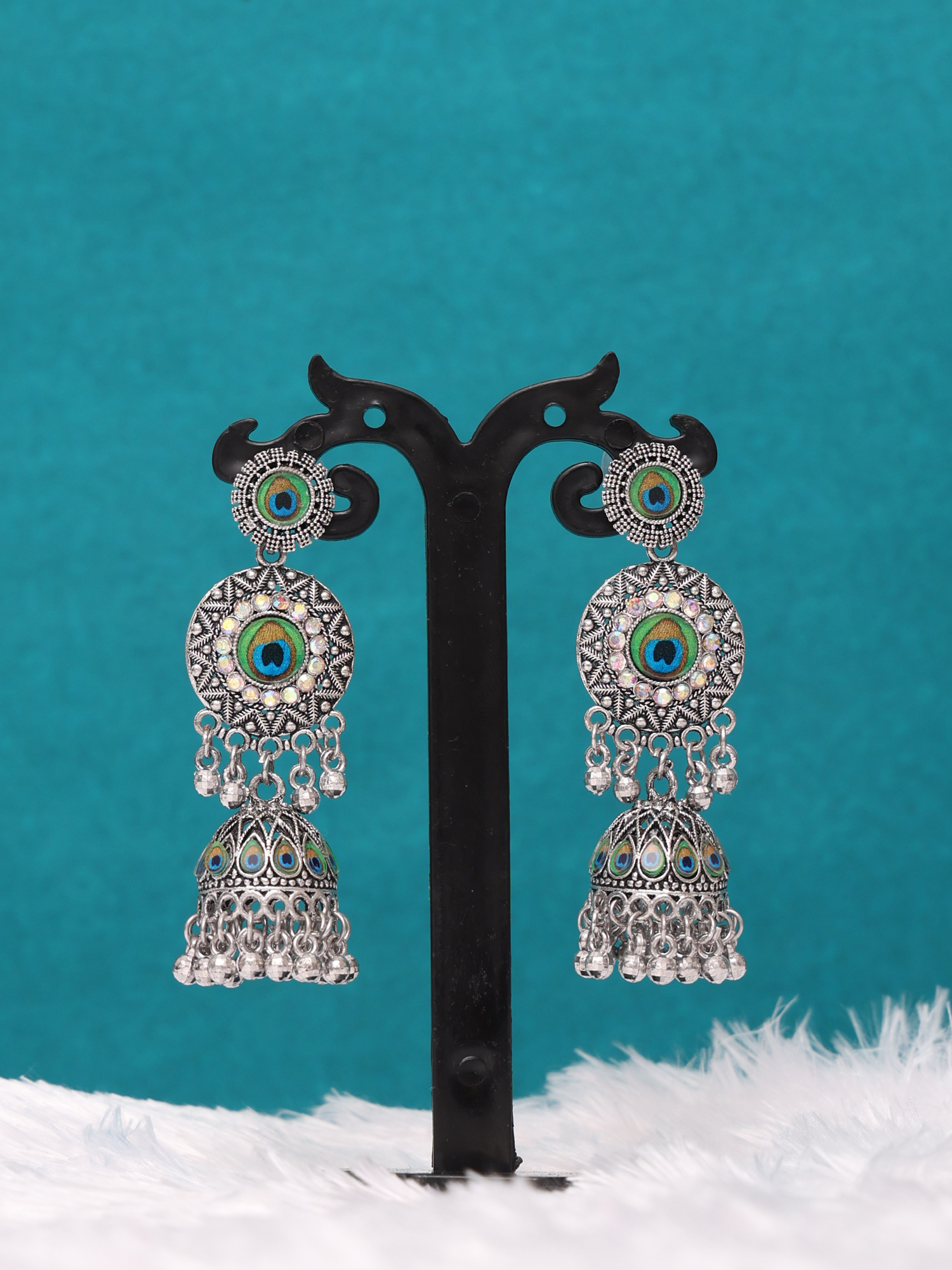 Morni Peacock Oxidised Statement Jhumka Earrings
