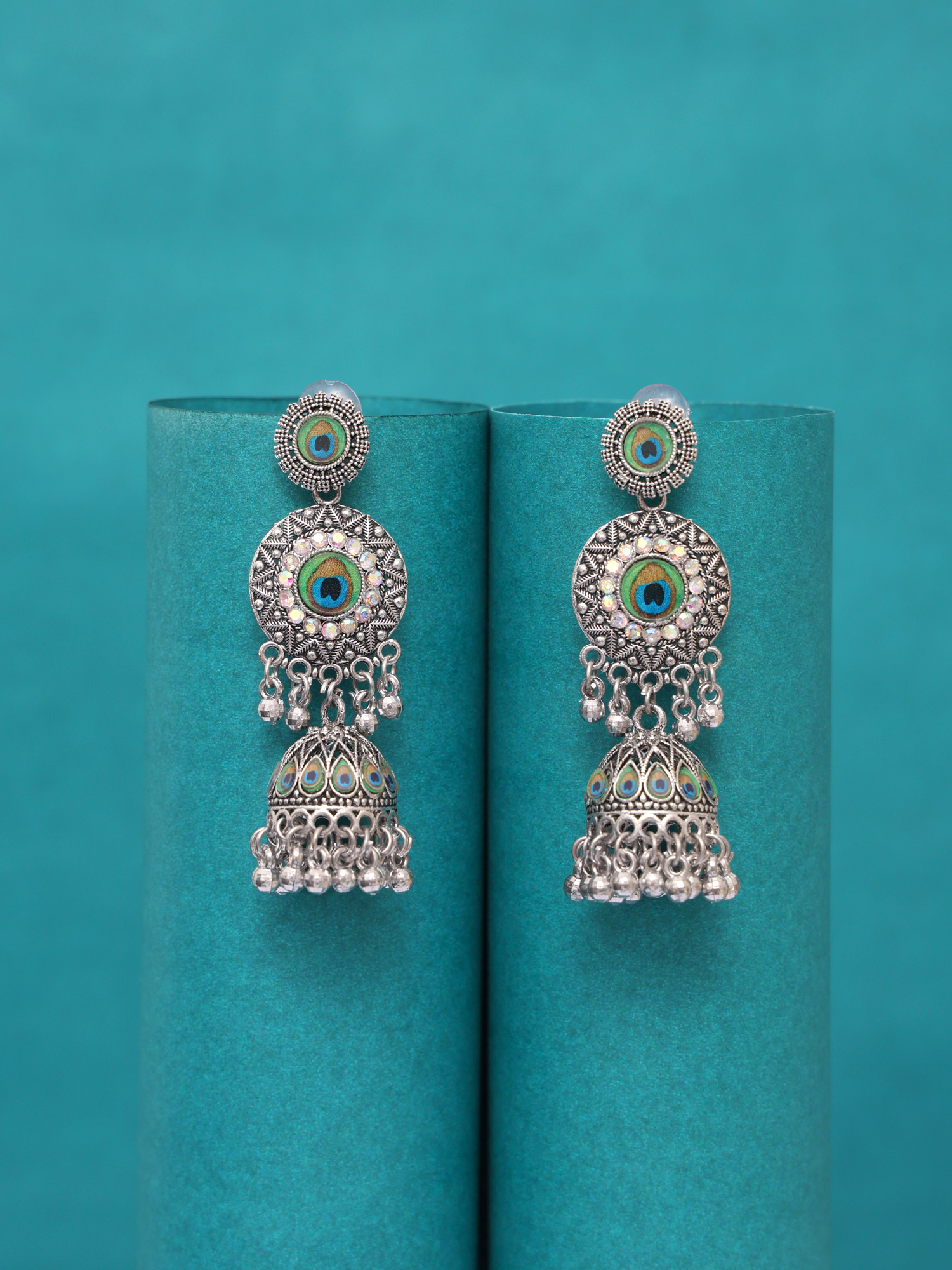 Morni Peacock Oxidised Statement Jhumka Earrings