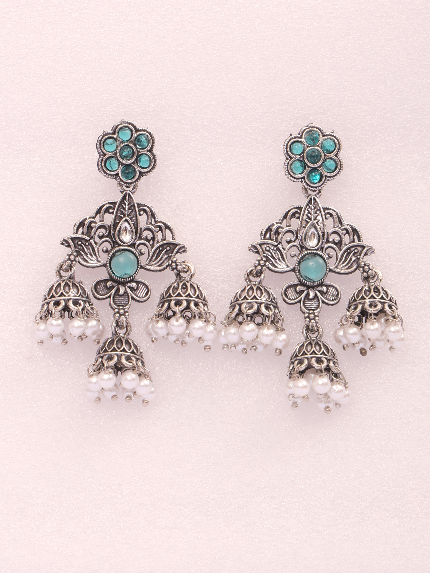 Noor Aqua Oxidised Pearl Jhumka Earrings