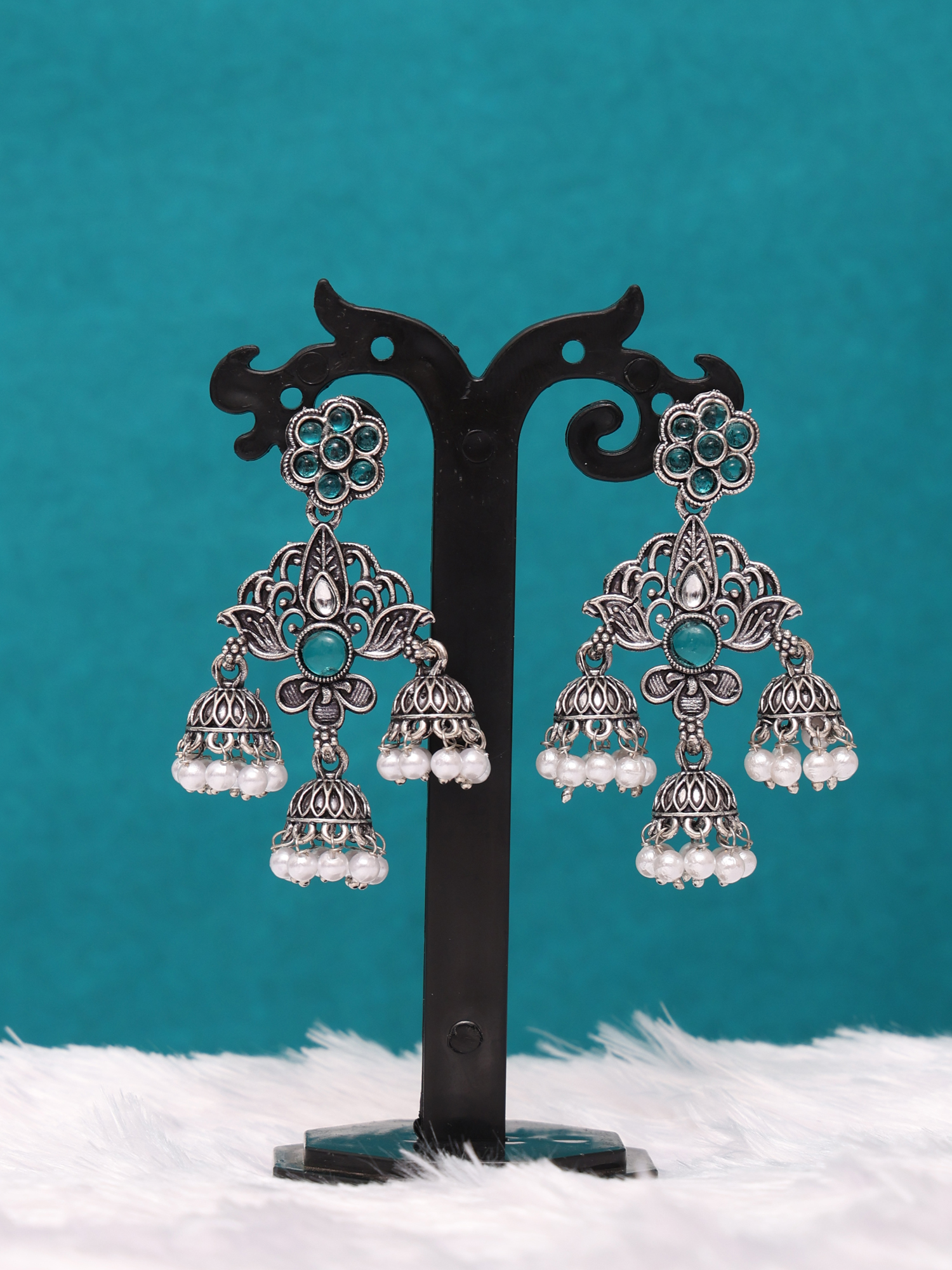 Noor Aqua Oxidised Pearl Jhumka Earrings